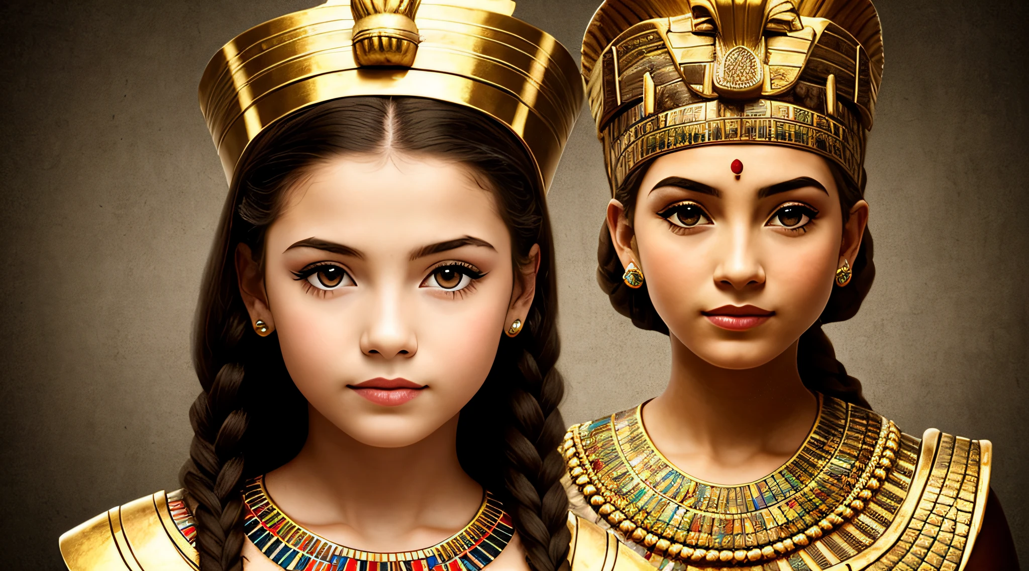 GIRL CHILD BLONDE WITH LONG HAIR, A PORTRAIT, of a bust of a mENINA BLONDE CHILD IN BRAIDS wearing a hat, wearing an Egyptian crown, Nefertiti, ancient egyptian, egyptian, egyptian makeup, precise for egyptian tradition, egyptian art, egyptian makeup, beautiful and huge head ornaments, ancient egyptian art, ancient egyptian art, ancient egypt, beautiful cleopatra,  Egyptian princess, ancient Libu princess