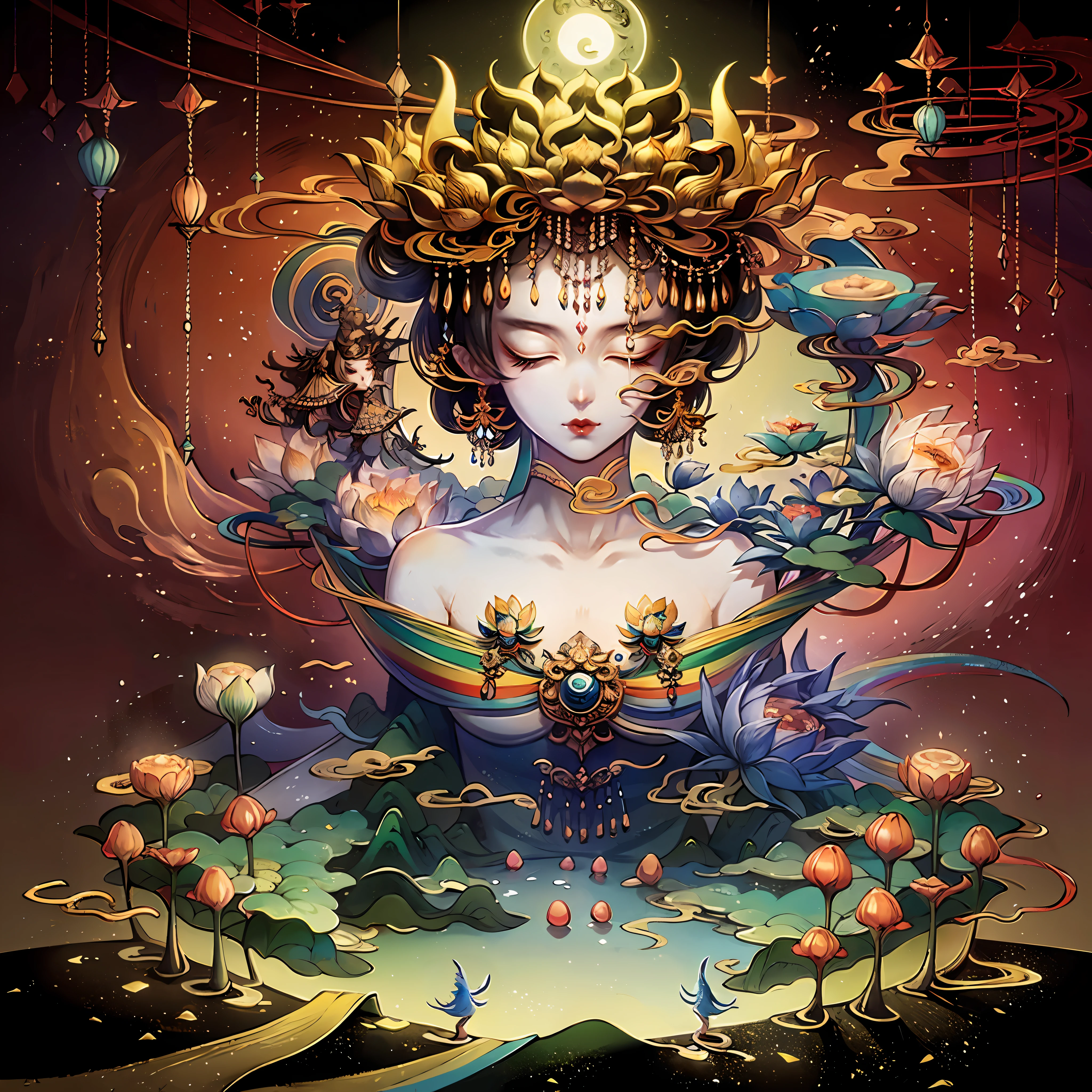 An ancient Chinese painting, ancient Chinese background, mountains, rivers, auspicious clouds, pavilions, sunshine,(psychedelic details),(mushrooms),(lotus),(yin yang),(rainbow),(trippy),(DMT),(beautiful face),(pique emotion),(Buddha),(seductive),(seductive breast),(seductive body),intricate details, more details, high details,masterpieces, super detail, epic composition, ultra HD, high quality, extremely detailed, official art, unified 8k wallpaper, Super detail, 32k -- v 6
