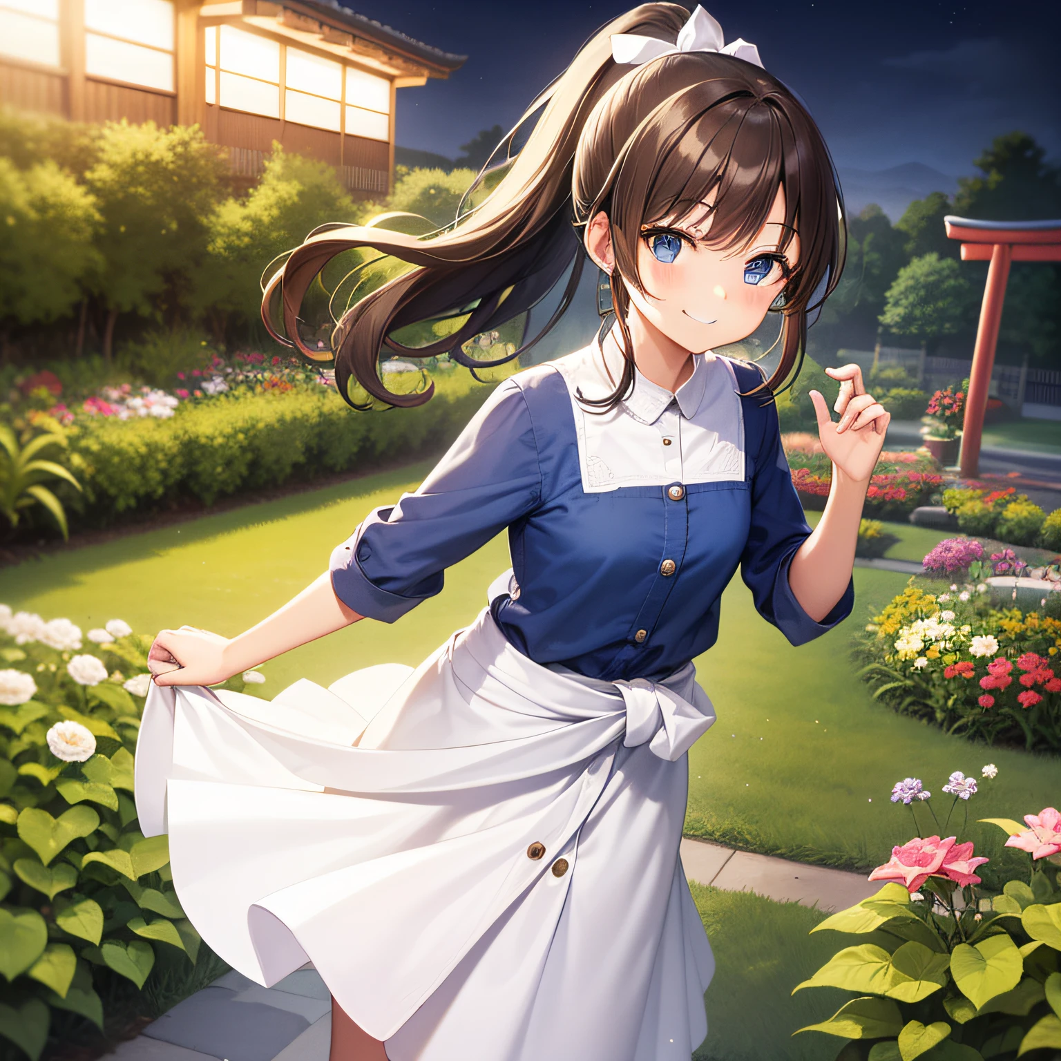 Top quality, very delicate and beautiful, girl, 11 years old, (dark brown hair), blue clothes with vertical buttons, belt at the waist, white skirt, (ponytail)), (white hair band), (brown boots), blue eyes, standing, smiling, background Japan garden and Tanabata