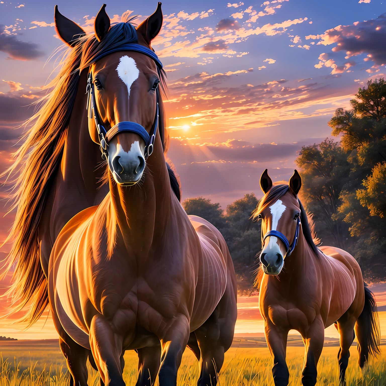 4k, high resolution, masterpiece, best quality, steppe, sunset, horses grazing, panorama --auto