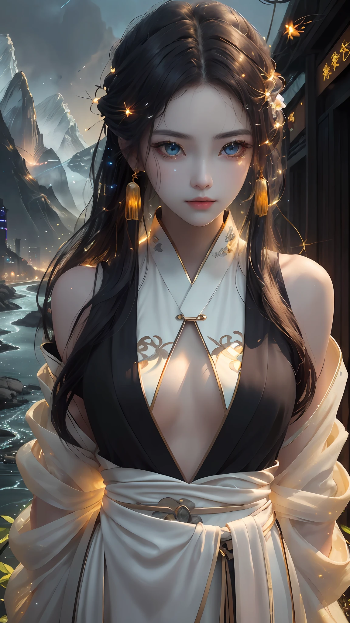 best quality, masterpiece, highres,
1girl, Detailed face, (Upper body:1.6), Cyber cities, mountains and rivers, night, firefly lights, Realistic, rich in detail, (White hanfu:1.2), (beautiful body:1.4),