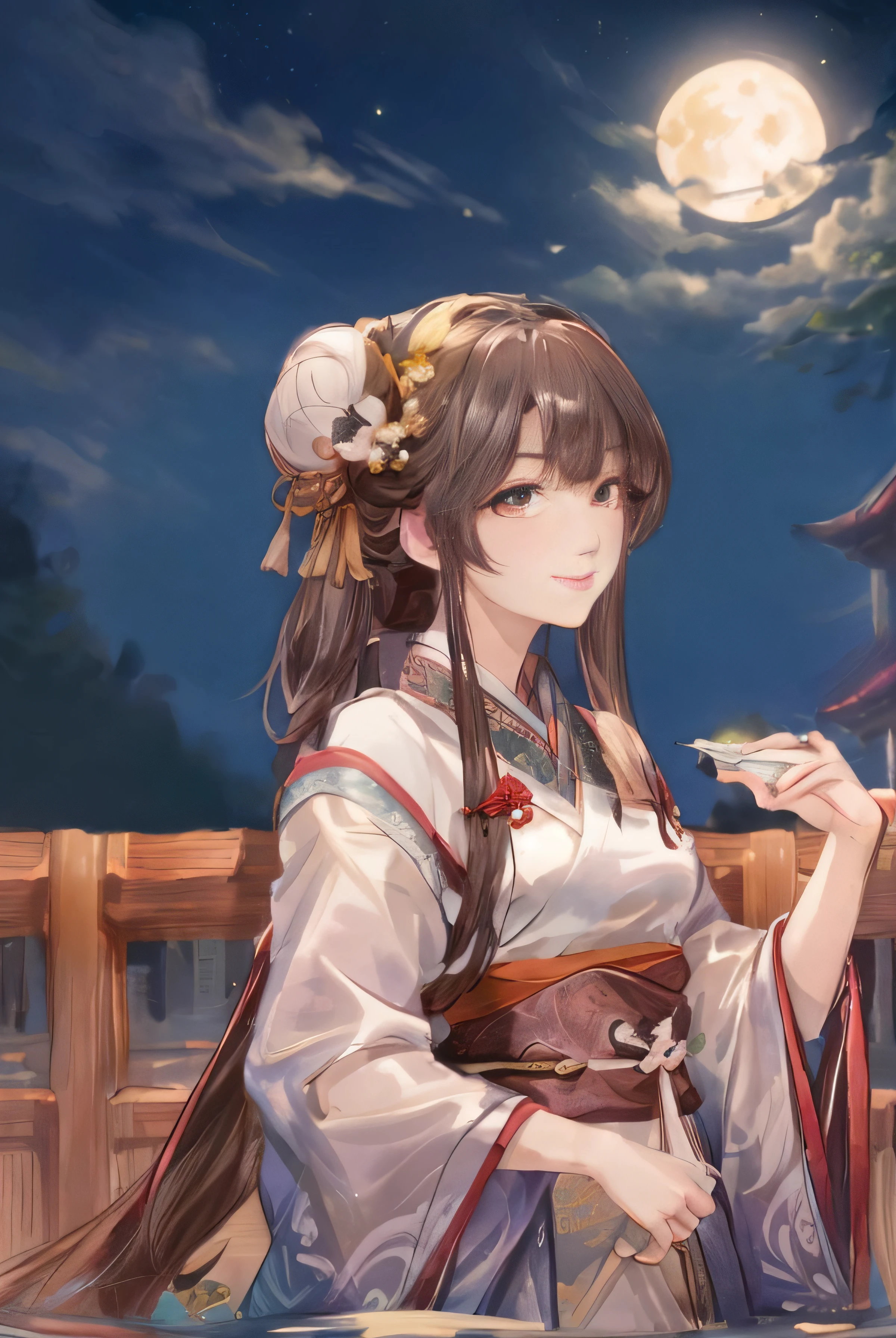masterpiece,best quality,a girl is making medicine under the moon,osmanthus,outdoors,from side,the mid-autumn festival,hanfu,gazebo,mountain,water,upper body,long hair,black hair,1girl,smile,brown eyes,side bun,yellow_flower,
night,moon,