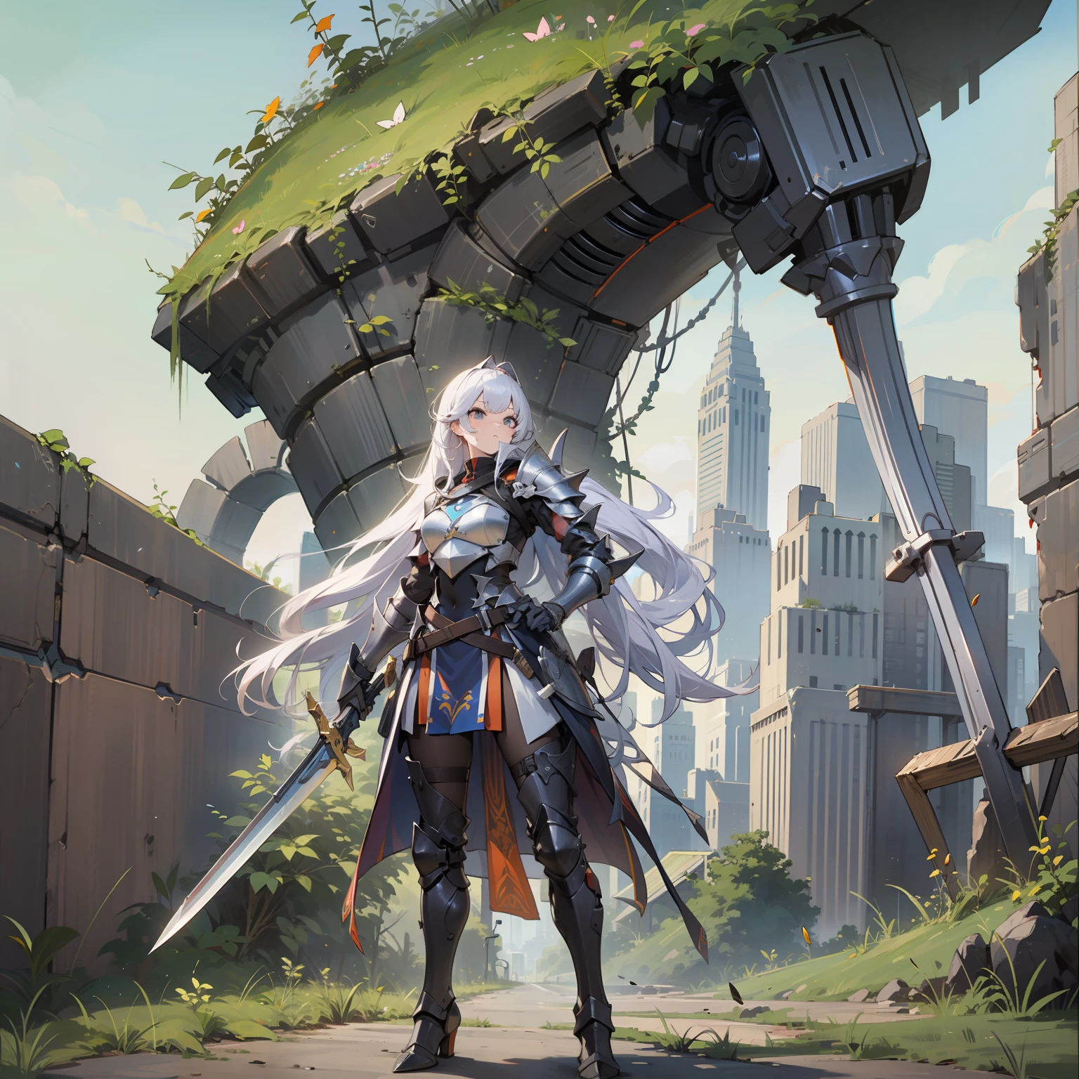 Warrior beautiful girl, sunshine, sci-fi futuristic city background, wearing heavy armor, carrying a machine gun, showing his face, melon face, single ponytail, bangs, eyes looking ahead, shield in left hand, sword in right hand, standing on a broken road, overgrown with weeds on the side of the road --auto
