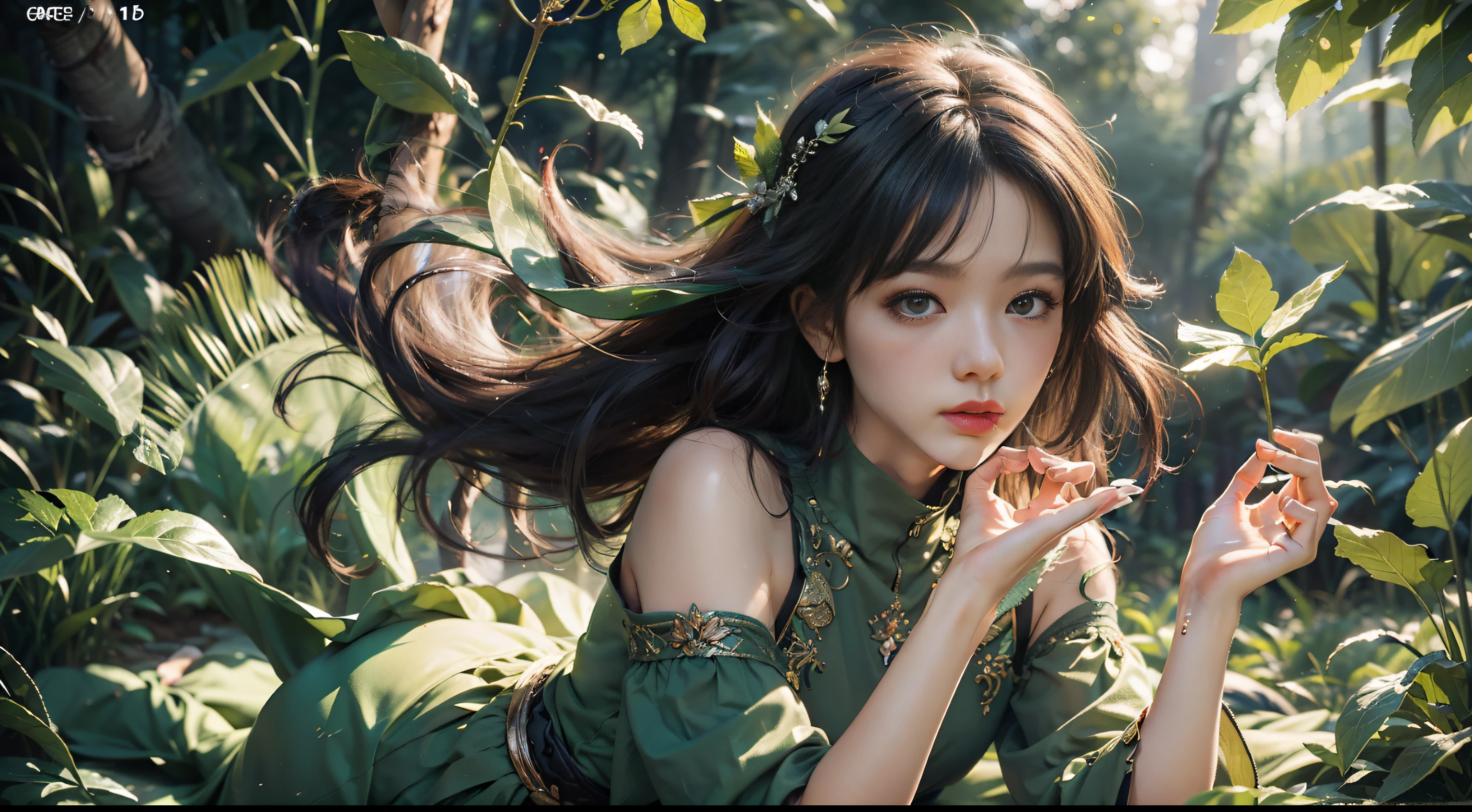 (Masterpiece, top quality, best, official art, beautiful and aesthetic, long exposure: 1.2), smooth movement, charming pattern, 1 girl, (long skirt with sleeves: 1.3), (((green clothes))), full body close-up, off-the-shoulder, girl, blush, black lob hair, portrait, solo, miniskirt, gaze observer, detailed background, detailed face, (crystallineAI, crystalline theme: 1.1), fairy, Spin leaves, control leaves, emerald clothes, dynamic poses, floating particles, ethereal power, leaves, vapor, forest in background, green tones, forest, ethereal atmosphere,