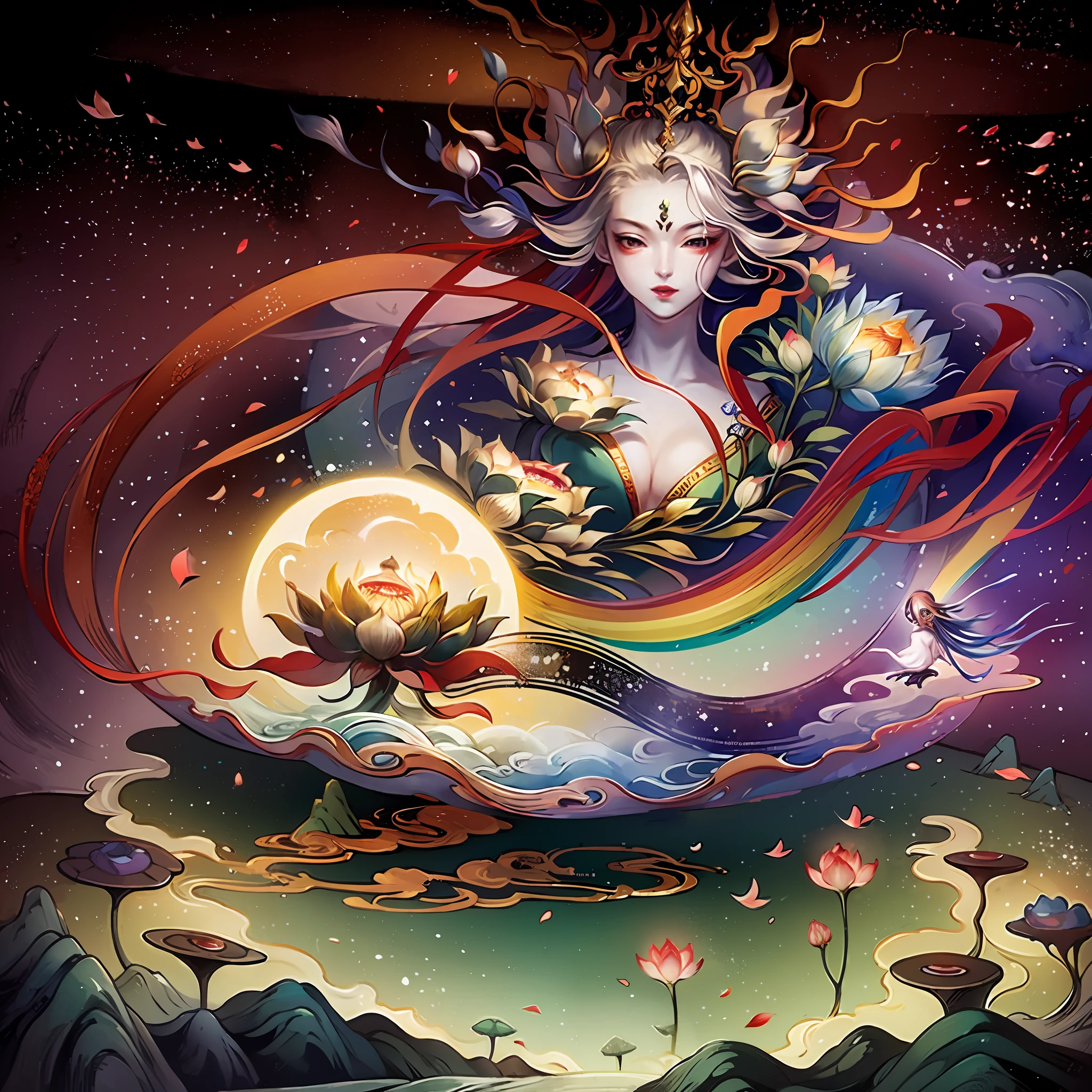 An ancient Chinese painting, ancient Chinese background, mountains, rivers, auspicious clouds, pavilions, sunshine,(psychedelic details),(mushrooms),(lotus),(yin yang),(rainbow),(trippy),(DMT),(beautiful face),(pique emotion),(Bodhisattva ),(seductive),(seductive breast),(seductive body),intricate details, more details, high details,masterpieces, super detail, epic composition, ultra HD, high quality, extremely detailed, official art, unified 8k wallpaper, Super detail, 32k -- v 6