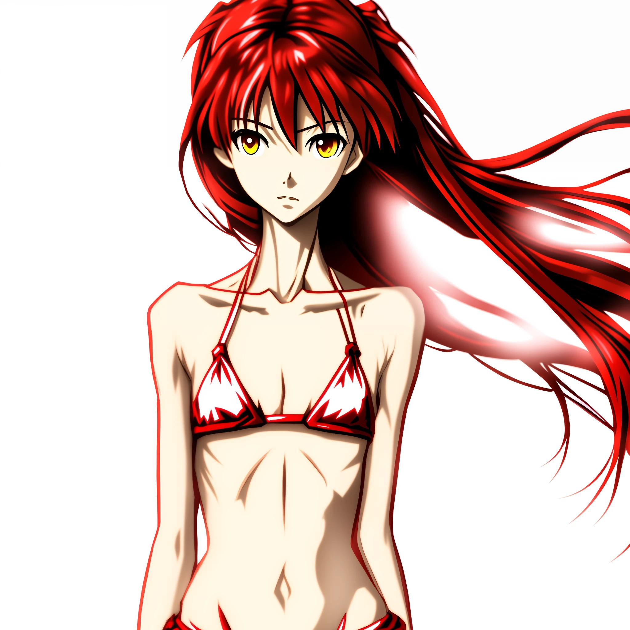 Anorexic anime girl in red bikini with long hair standing in front of a white background, beautiful Asuka from Evangelion, Ikki Tousen, Asuka from Evangelion, Asuka, Portrait of Asuka Langley Soryu, Asuka costume under clothes!, Asuka Langley, Makise Kurisu, Asuka Langley Sohryu, from Evangelion, anime style Gainax