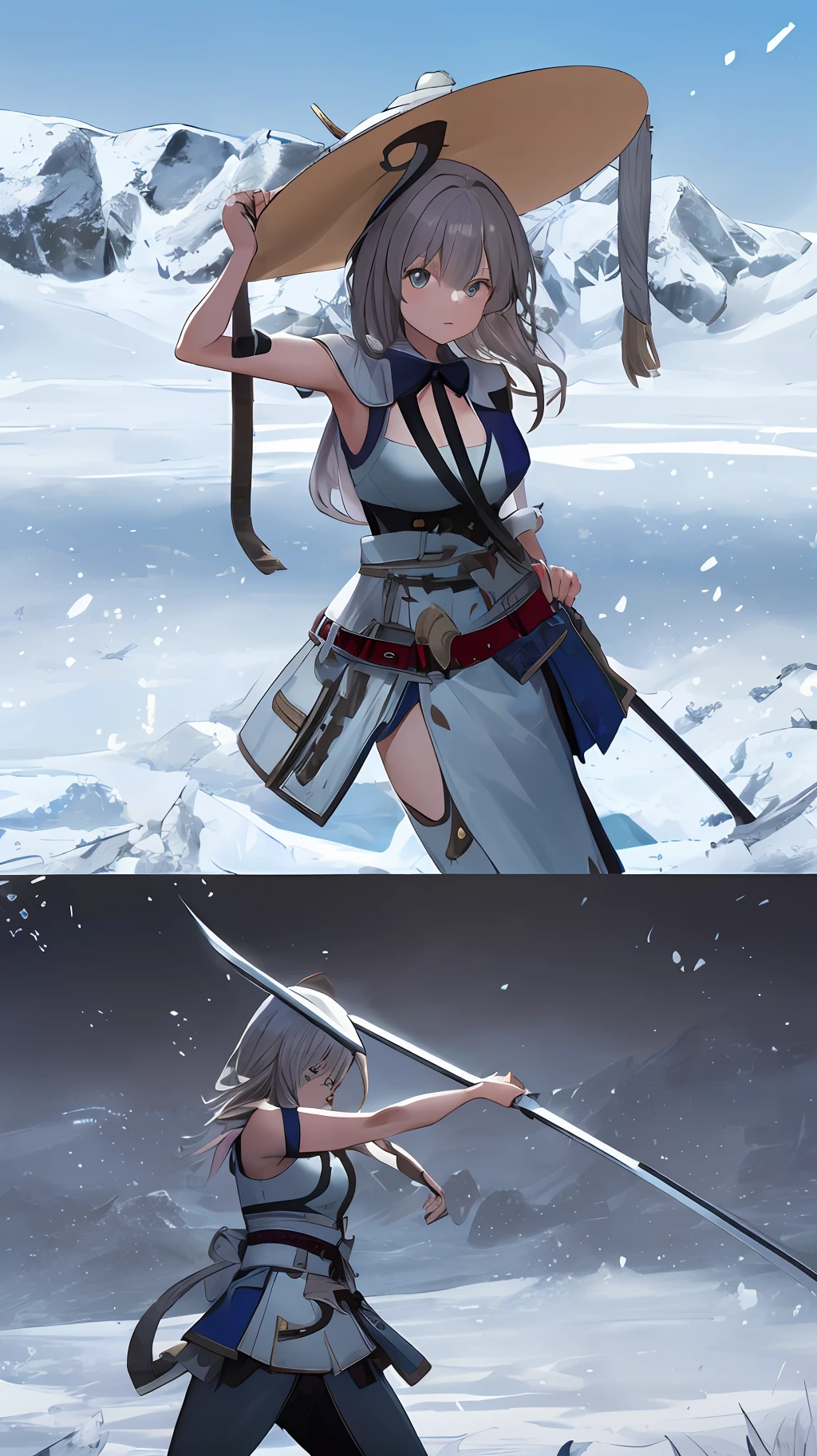 A girl swordsman then retreats and dodges, wearing a large hat on her head, with an ice field in the background, fighting effects, scene effects, and torn clothes