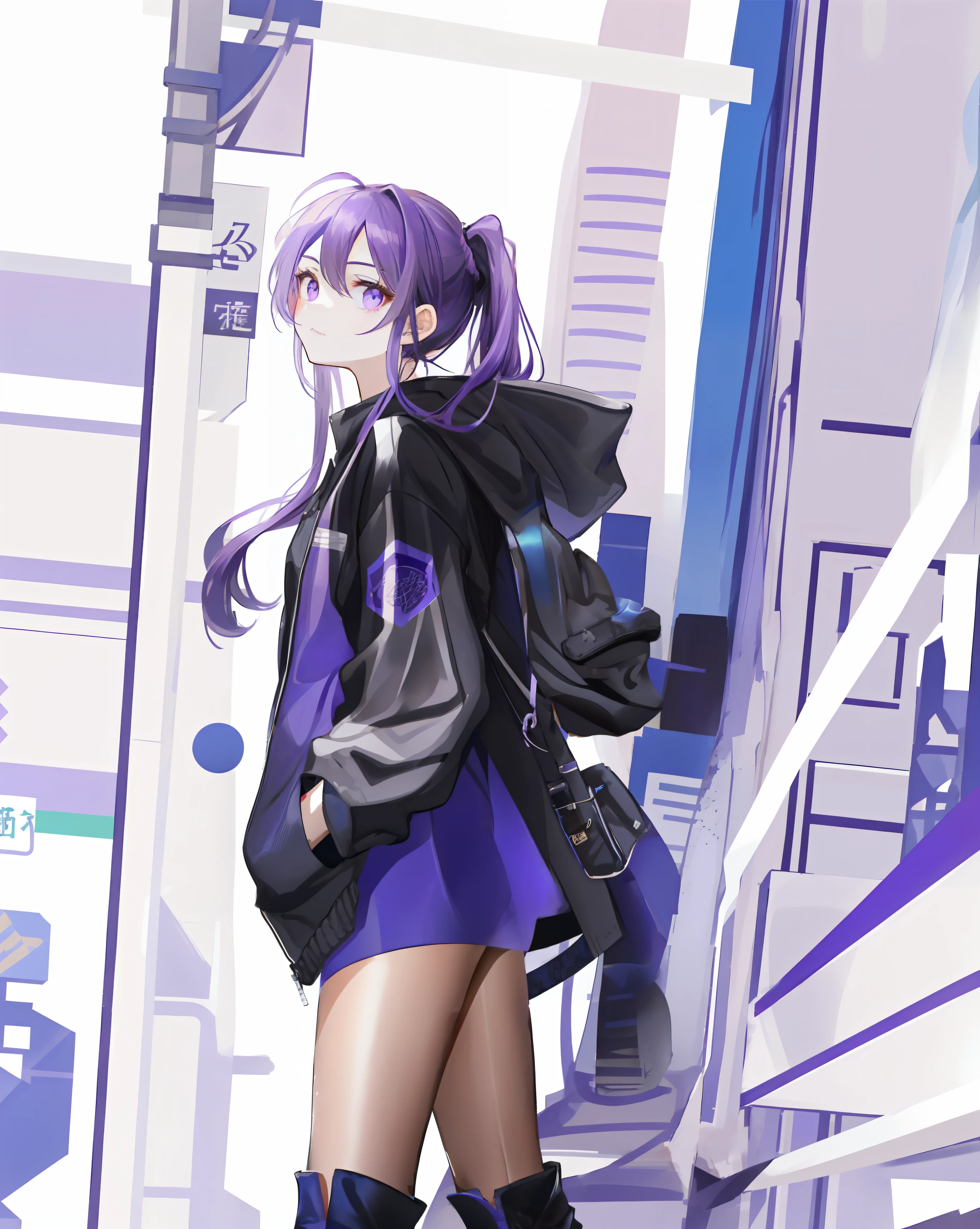Character design picture, on white background, a girl with purple double ponytail hair and purple eyes wearing a black jacket with blue surround on the front facing the camera and putting her hands in the pocket of the jacket to the audience, the girl also wearing black boots, epic fine character art, stunning characters, beautiful thighs