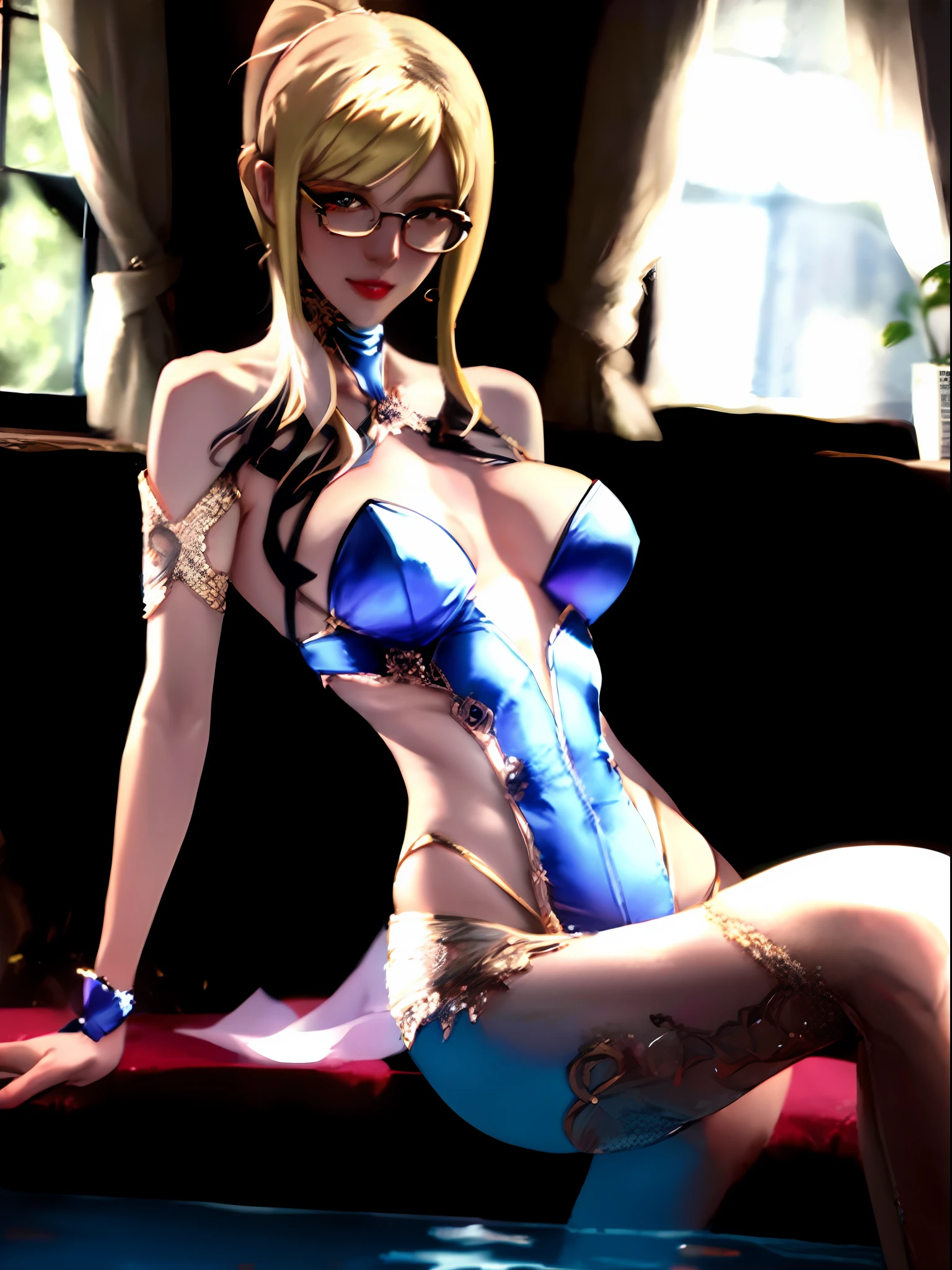 Masterpiece, Best Quality, High Quality, HD, High Quality Textures, High Quality Shadows, High Detail, Realism, Cinematic Light, Side Light, Lens Halo, Ray Tracing, Sharp Focus, White Skin, Elegance, Royalty, Young Woman, Lonely, Mature, Beautiful masterpiece: 1.2, best quality), realistic, (real image, intricate details, depth of field), (1 girl, solo), makeup, parted lips, highly detailed, perfect face, (: 1.4), (skin dents), thick thighs, wide buttocks, thin waist, high, bright coral lips, ponytail, (sweat: 1.2), (wet), sexy, blush, adult woman, (smile: 0.6), yellow hair blonde, (big breasts: 1.1), blue and white pupils, sexy, small man's waist, (big buttocks), (masterpiece: 1.2, superb), realistic, (real shot, fine crafted, depth of field), (1girl, solo), makeup, noble, fine makeup, slimming blush, elegant, pride, confidence, (fair and shiny skin), mature, married, (big ass: 1.1), bonny, (small mouth), thick eyelashes, makeup, eye shadow, perfect body proportions, body is all gold engraving, wire woven openwork lace suspender stocking, playful sweetheart, Big tits bulge, samus, pool marble wine cooler, ice and snow rosy skin, glasses library, tear mole, moonlight floor-to-ceiling windows, bunny girl leather rabbit ear headdress