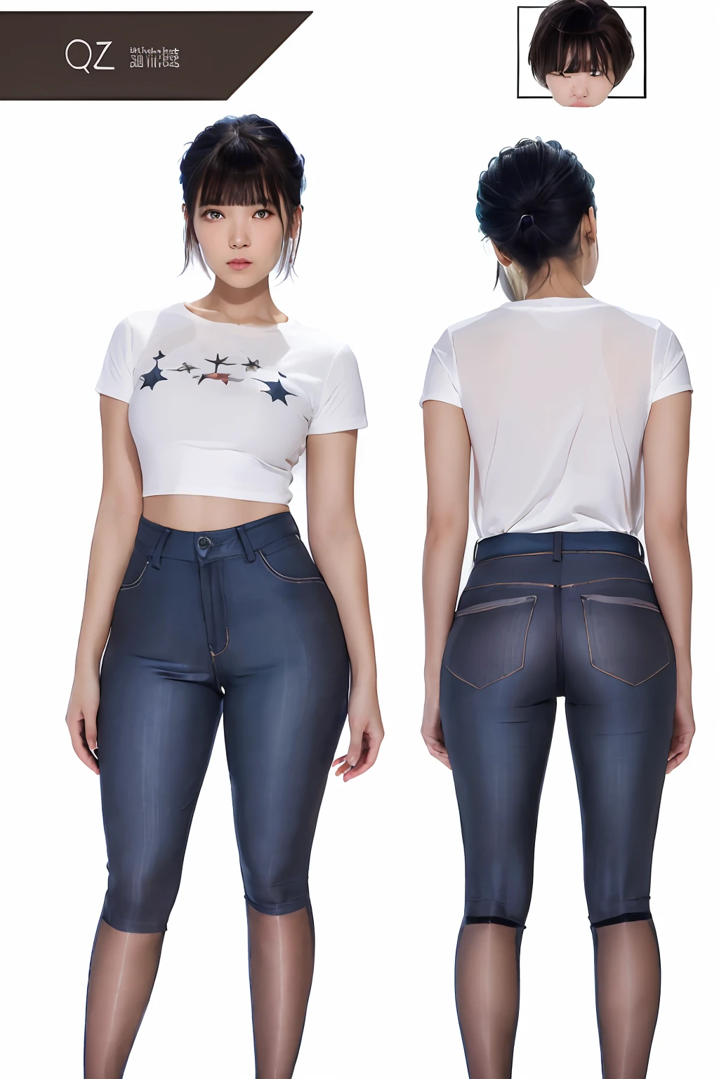 ((masterpiece)),(((best quality))),(character design sheet, same character, front, side, back), illustration, 1 girl, hair color, bangs, hairstyle fax, eyes, environment change scene, Hairstyle Fax, Pose Zitai, Female, Shirt Shangyi, Star, Charturnbetalora, (simple background, white background: 1.3), --6