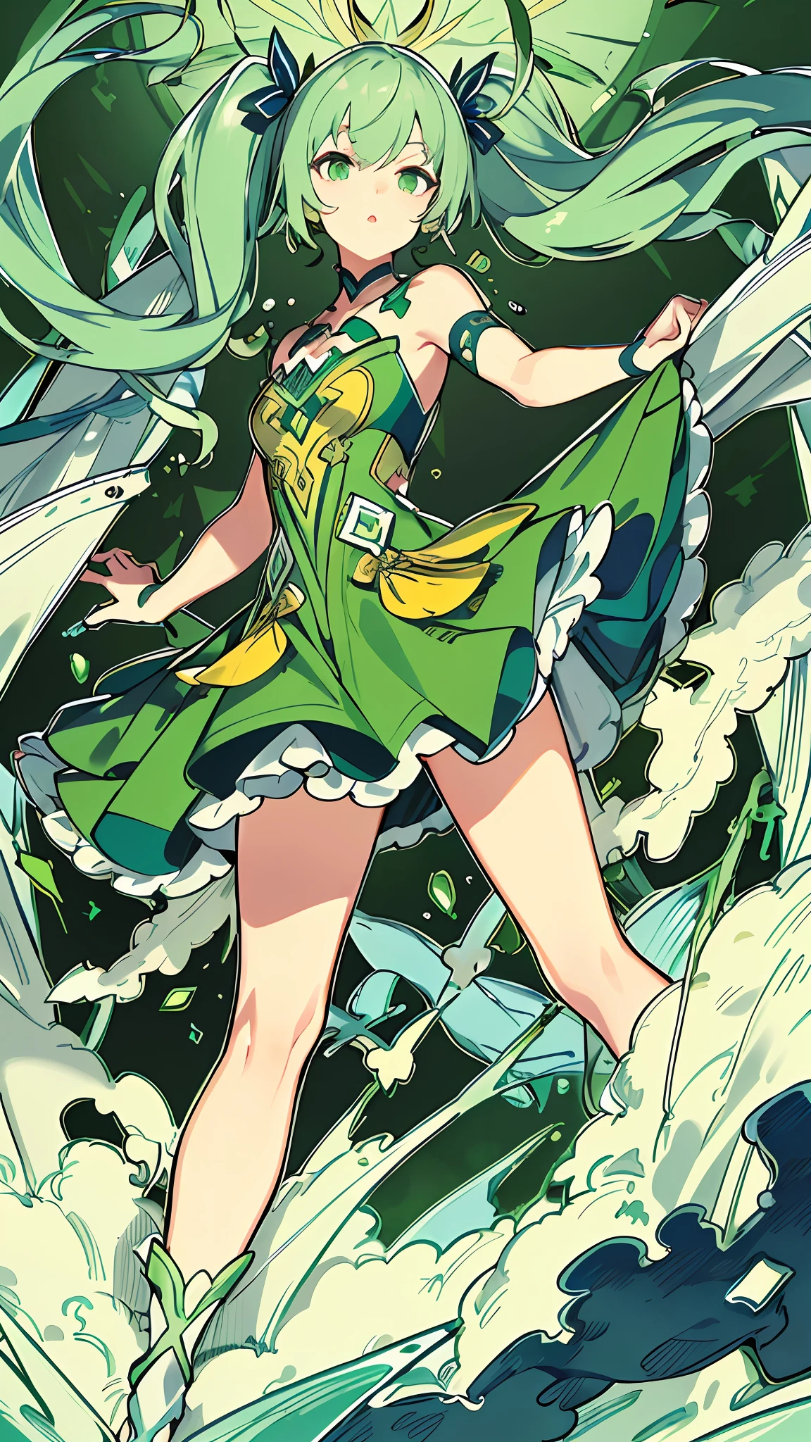 (((masterpiece))),(((bestquality))),((ultra-detailed)),(illustration),((anextremelydelicateandbeautiful)),dynamicangle,floating,(beautifuldetailedeyes),(detailedlight) (1girl), solo, floating_hair,glowingeyes,green hair,greeneyes, twintails, halterdress, atdan, green background,