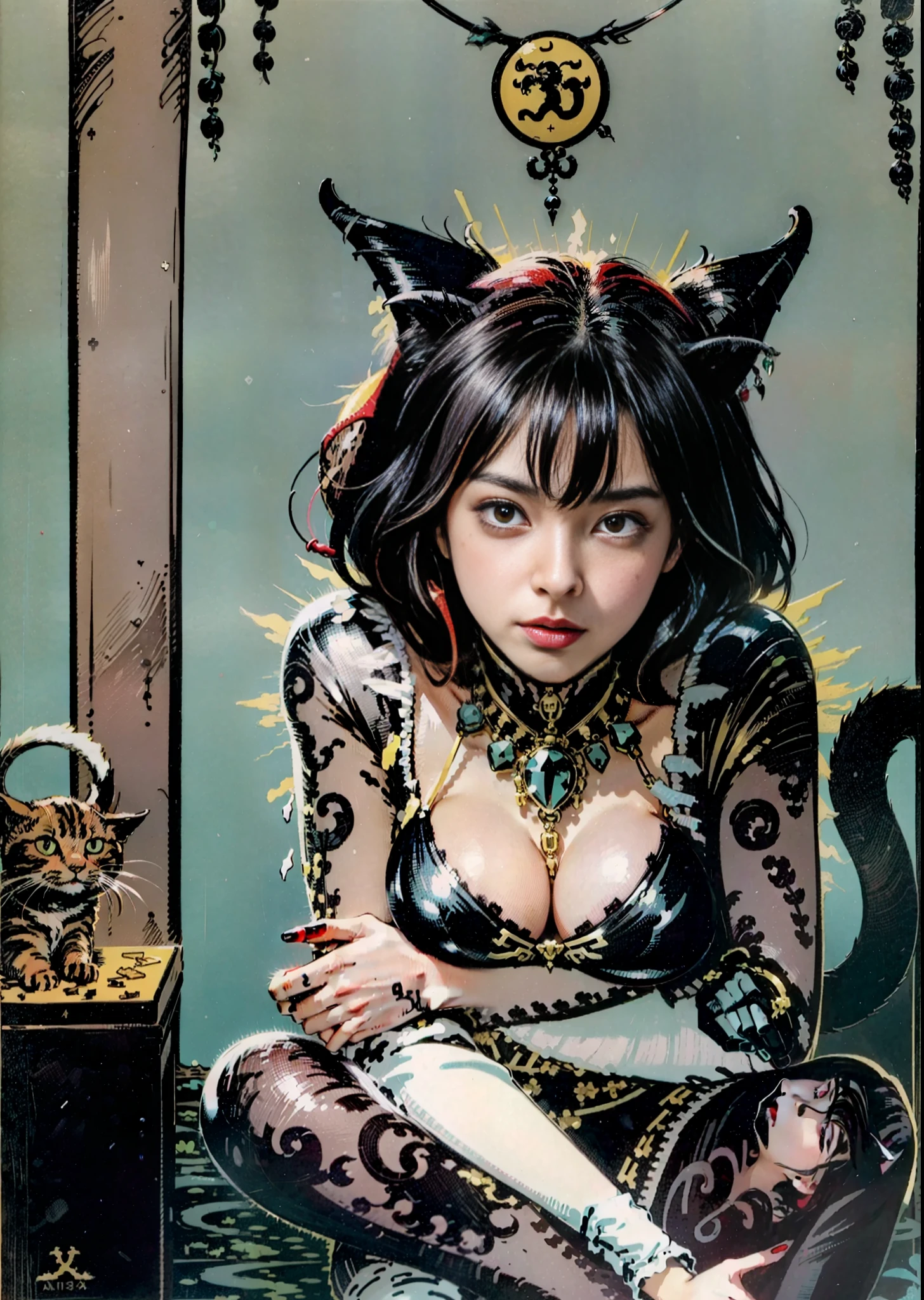 Make a tarot style picture, a cat demon, evil, sexy, villain, enchanting, insidious