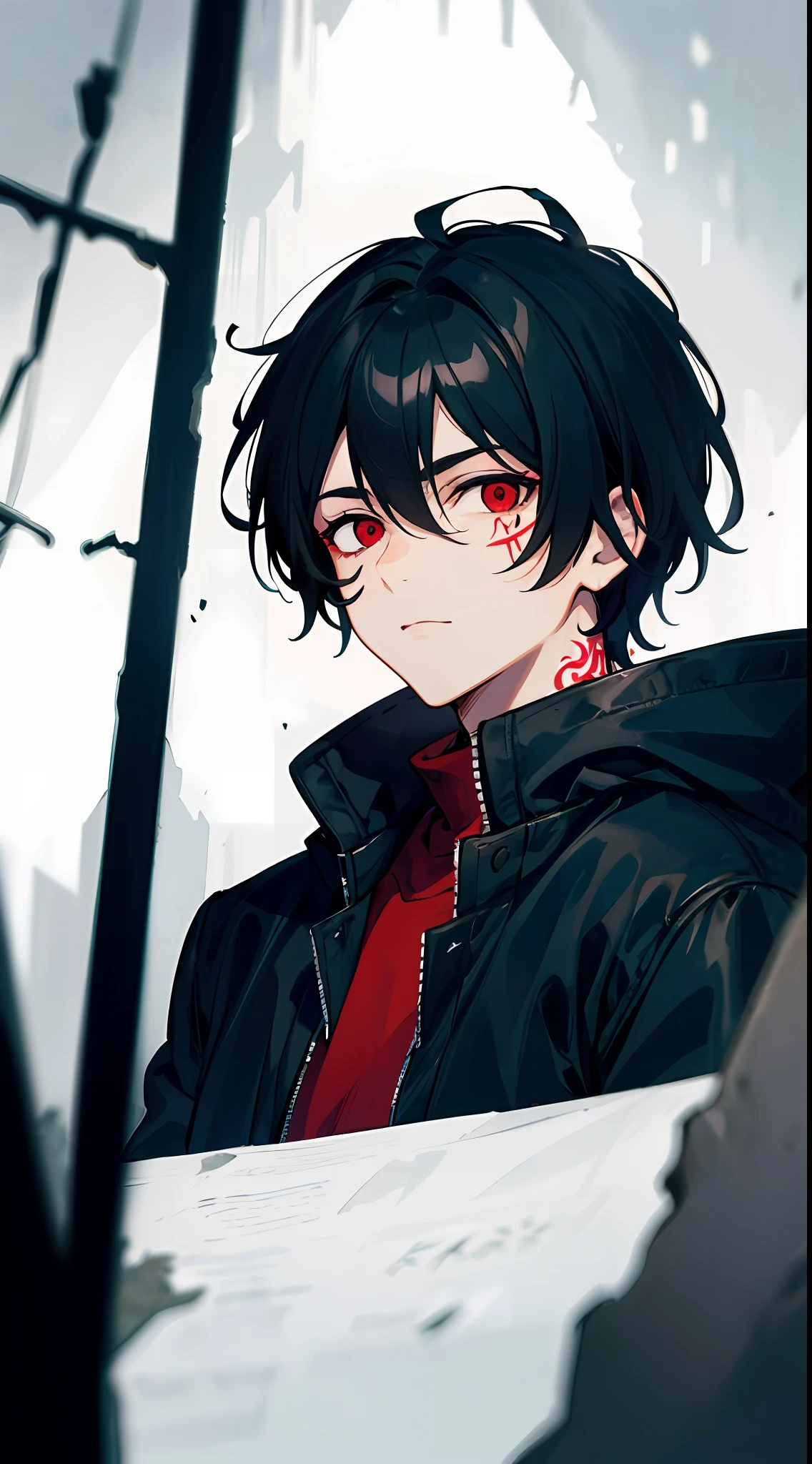 Within the ruin of darkness, a man with dark black hair and red eyes, wearing black jacket with a hood, had a black seal-like tattoo on his cheek, his face looks lazy