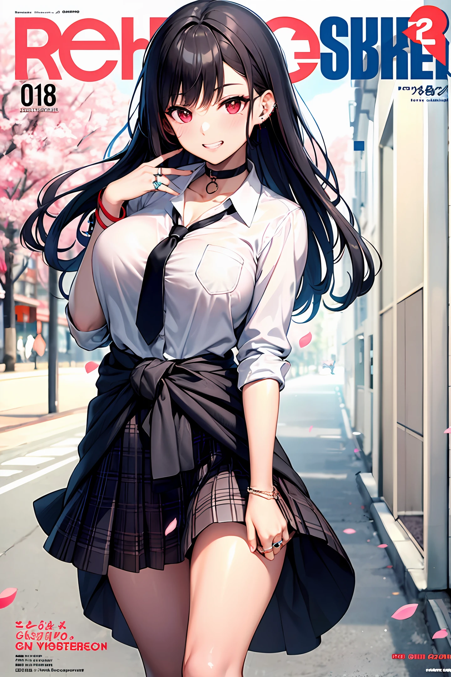 masterpiece, best quality, full body, 1girl, bangs, black choker, black necktie, black hair, blue skirt, blush, bracelet, breasts, choker, clothes around waist, collarbone, collared shirt, cowboy shot, dress shirt, ear piercing, eyebrows visible through hair, gradient hair, grin, gyaru, jewelry, kogal, long hair, looking at viewer, loose necktie, necktie, piercing, plaid, plaid skirt, pleated skirt, red eyes, ring, school uniform, shirt, skirt, smile, solo, white shirt, street, sky, cherry blossoms, petals,illustration, (magazine:1.3), (cover-style:1.3), fashionable, woman, vibrant, outfit, posing, front, colorful, dynamic, background, elements, confident, expression, holding, statement, accessory, majestic, coiled, around, touch, scene, text, cover, bold, attention-grabbing, title, stylish, font, catchy, headline, larger, striking, modern, trendy, focus, fashion,