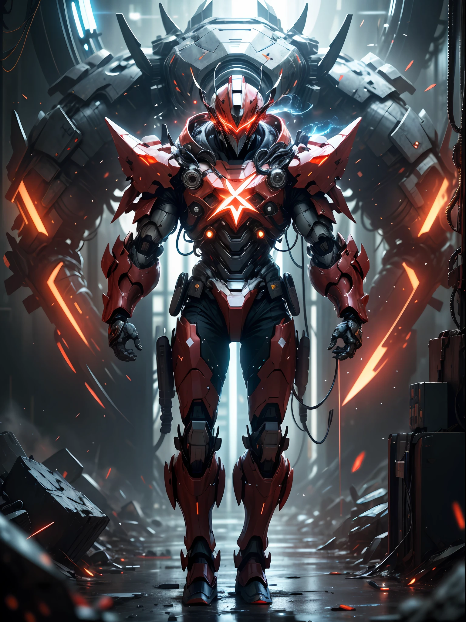 Red Ghost Hunter, Super Cool Ghost Killer, Wearing Red Mechanical Armor, Playing Lightning, Super Detailed, Realistic, Shiny, Reflective, Bioluminescent, Galactic Cybernetic Mask, Mecha, (Executioner: 1.2), Cloak, SH4G0D, GlowingRunes_red, Full Body, Movie, Dark Background, Backlight, High Contrast,