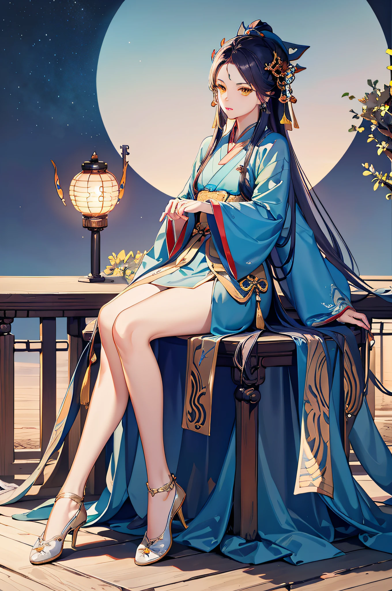 masterpiece, professional lighting, photon mapping, radiosity, physically-based rendering,1girl, full body,absurdres, highres, skyline, beautiful detailed sky, covered,(hanfu, ming style),yellow eyes,