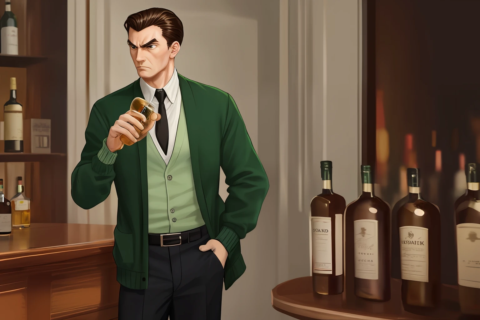 1boy, 1man, solo, a stern angry 1950s dad, slicked back brunette hair, wearing a green cardigan with a white undershirt, black tie, and brown pants, holding whiskey bottle