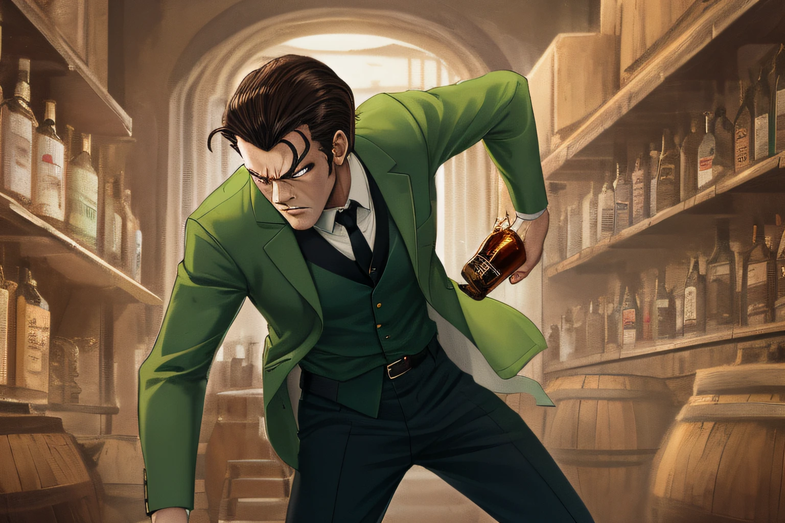 1boy, 1man, solo, a stern angry 1950s dad, slicked back brunette hair, wearing a green cardigan with a white undershirt, black tie, and brown pants, holding whiskey bottle