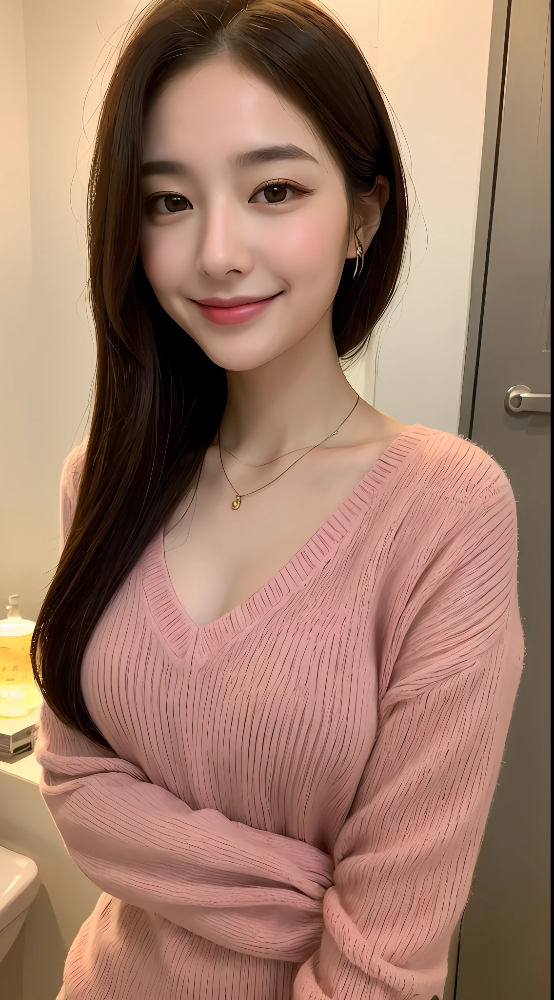 ((Night, Realistic Light, Best Quality, 8K, Masterpiece: 1.3)), 1girl, Slim Beauty: 1.4, Abs: 1.1, (Brown hair, Medium breasts: 1.3), Long pink sweater: 1.1, Bathroom, Super fine face, Delicate eyes, Double eyelids, smile, necklace