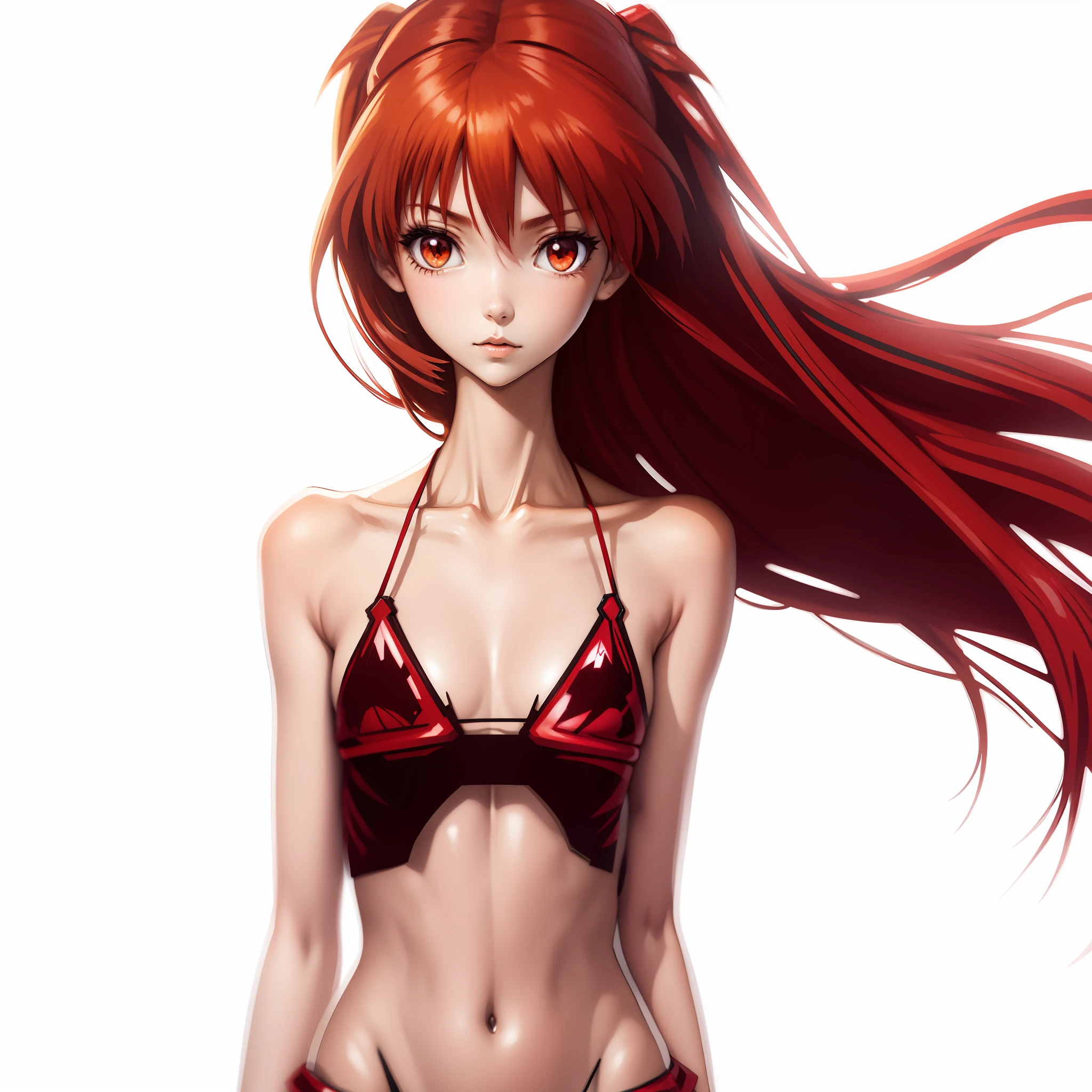 Anorexic anime girl in red bikini with long hair standing in front of a white background, beautiful Asuka from Evangelion, Ikki Tousen, Asuka from Evangelion, Asuka, Portrait of Asuka Langley Soryu, Asuka costume under clothes!, Asuka Langley, Makise Kurisu, Asuka Langley Sohryu, from Evangelion, anime style Gainax