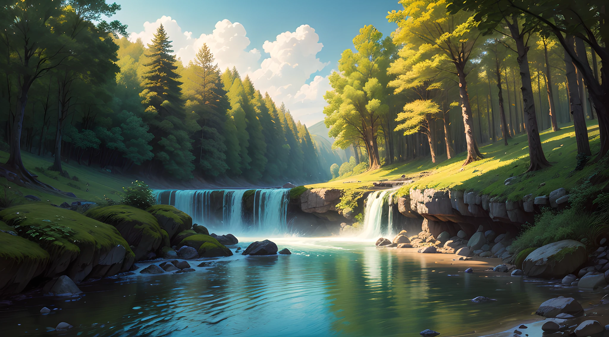 landscape with a deer, clowdy sky, in a forest, waterfall and river --auto