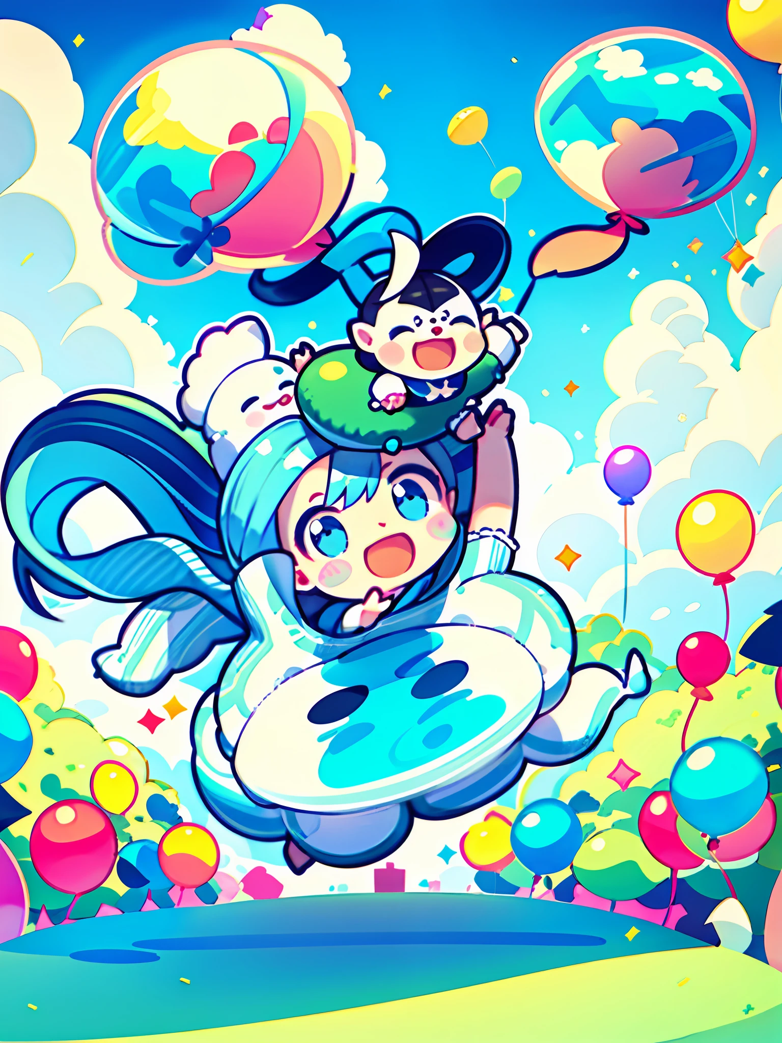girl holding baby ( body) in her hands, baby holdialloon in both hands (main detail), running happily in the amusement park, blue sky and white clouds, green grass and gorgeous flowers