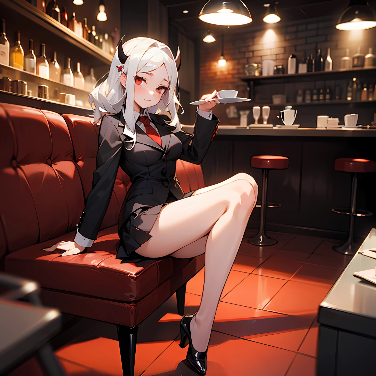 best quality, 1 girl, Modeus(Helltaker), posing in waitress outfit, sexy, miniskirt, inclined pose, looking at the viewer, good anatomy, beautiful legs, in a café