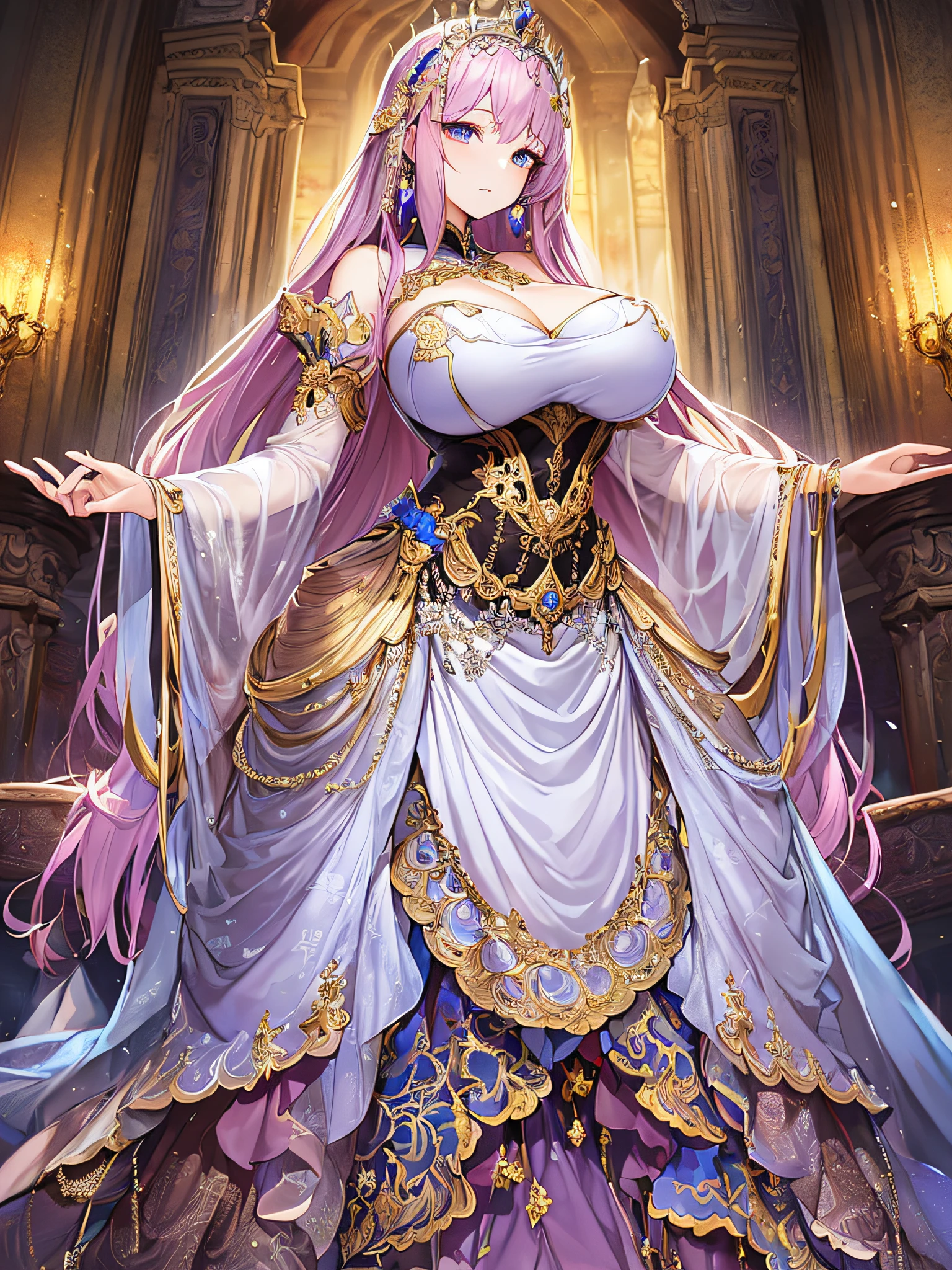 ((anime artstyle)),(Masterpiece),(Best Quality), (Super Detail),Illustration,((Very Delicate and Beautiful)),Focus on character,Dynamic Angle,Looking at viewer,((Solo)),standing,(((full body))),((one noble princess in gorgeous ball gown with voluminous skirt)),detailed face and eyes,jewel-like eyes,((Very Long voluminous Hair)),gorgeous embroidery and lace,See-through,ornate ruffles,Gorgeous jewelry ornaments,luxury hair ornament,luxury tiara with jewels,(gigantic breasts,Long breasts),full body,((gorgeous ball gown with voluminous skirt))