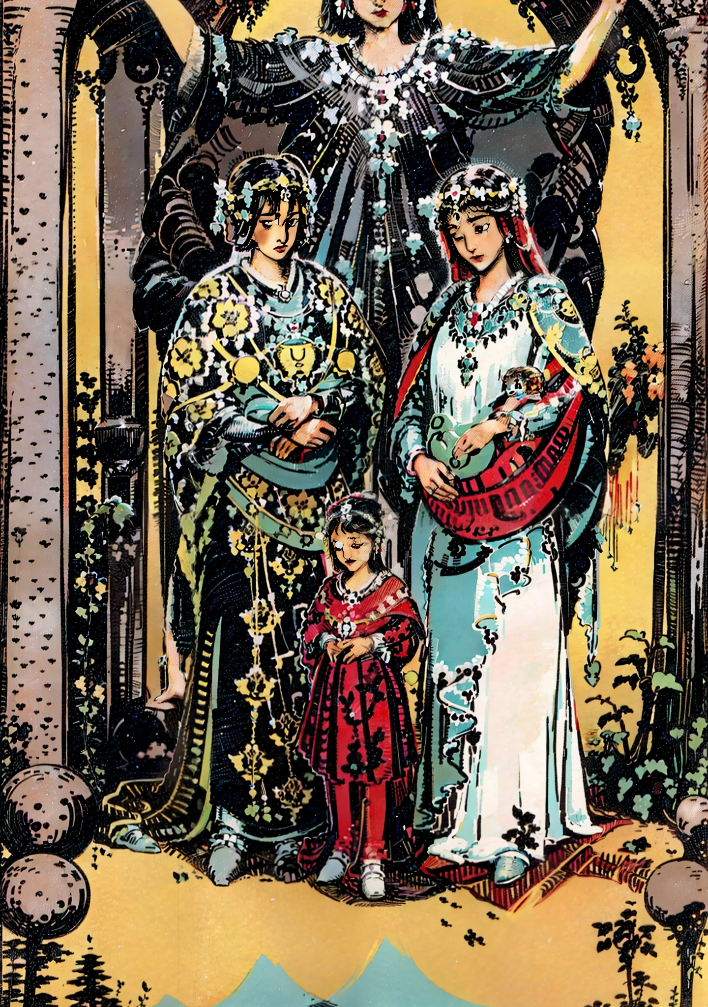 Tuya makes a tarot-style picture of a family of three, with parents standing with their children in their hands