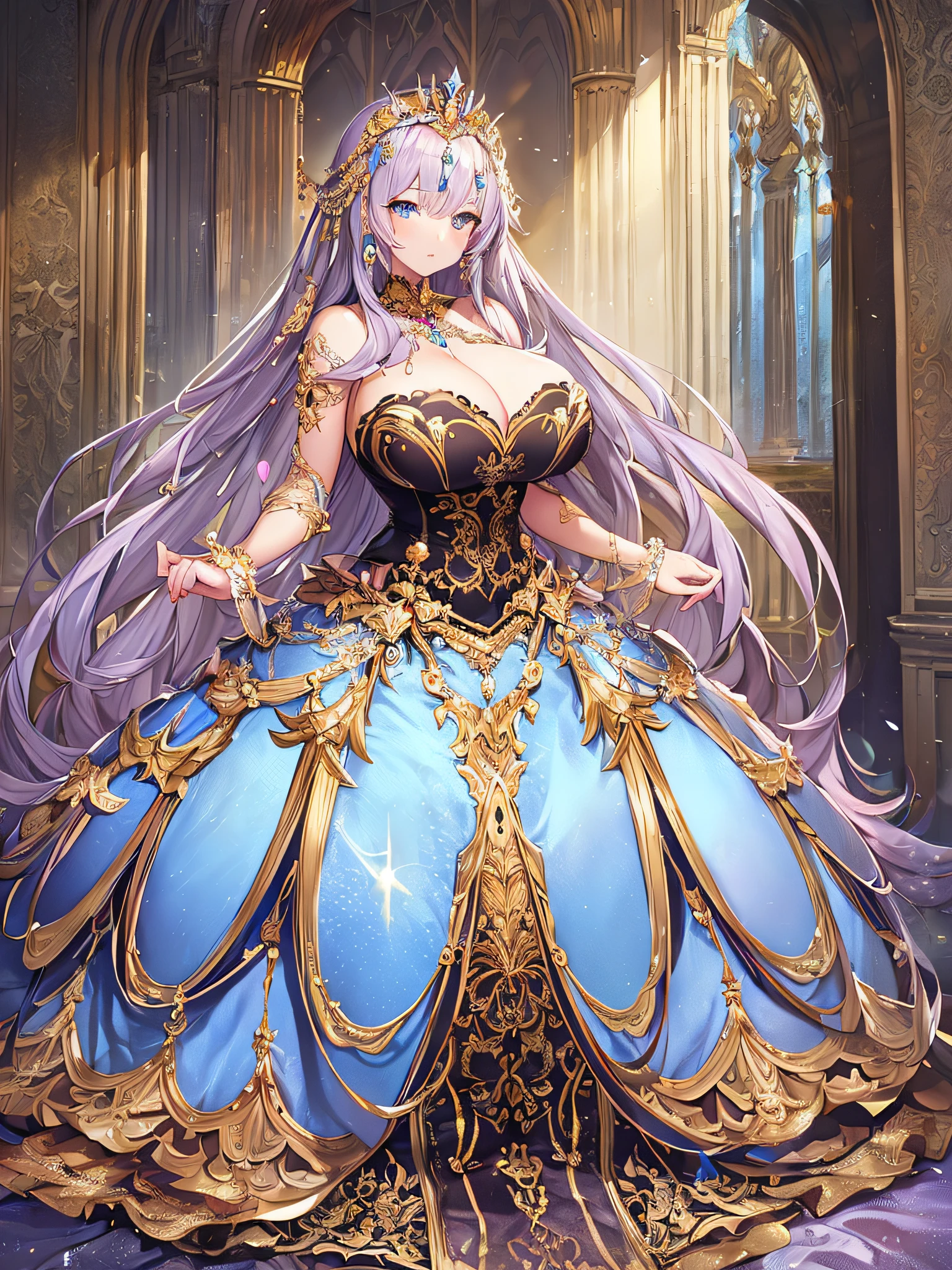 ((anime artstyle)),(Masterpiece),(Best Quality), (Super Detail),Illustration,((Very Delicate and Beautiful)),Focus on character,Dynamic Angle,Looking at viewer,((Solo)),standing,(((full body))),((one noble princess in gorgeous ball gown with voluminous skirt)),detailed face and eyes,jewel-like eyes,((Very Long voluminous Hair)),gorgeous embroidery and lace,See-through,ornate ruffles,Gorgeous jewelry ornaments,luxury hair ornament,luxury tiara with jewels,(gigantic breasts,Long breasts),full body,((gorgeous ball gown with voluminous skirt))