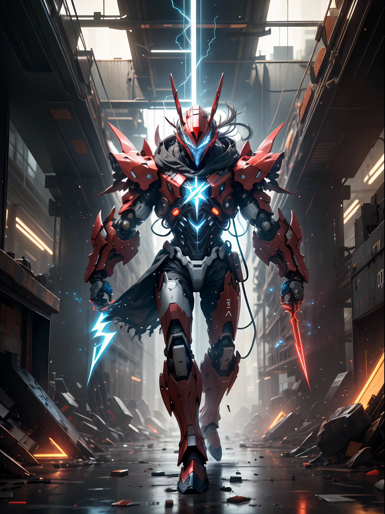 Red Ghost Hunter, Super Cool Ghost Killer, Wearing Red Mechanical Armor, Playing Lightning, Super Detailed, Realistic, Shiny, Reflective, Bioluminescent, Galactic Cybernetic Mask, Mecha, (Executioner: 1.2), Cloak, SH4G0D, GlowingRunes_red, Full Body, Movie, Dark Background, Backlight, High Contrast,