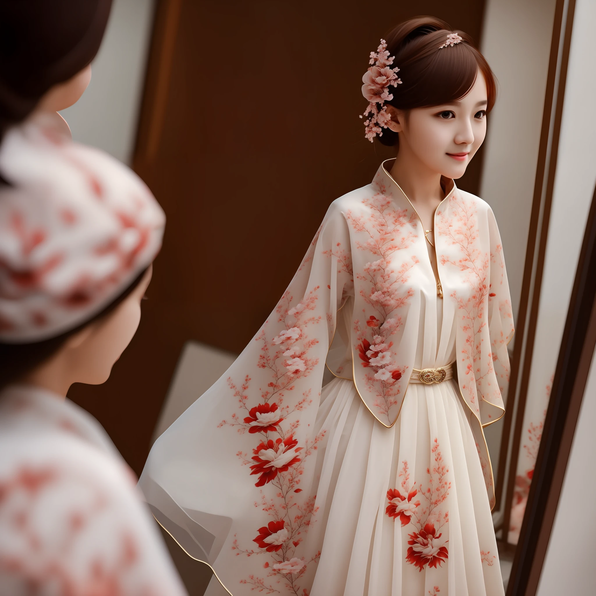 8k, best quality, master masterpiece, reality, hyper detail, photo realistic, smoother lighting, backlight, backlight, brighten light, improve quality, best quality real texture skin, close up, slim, cute face, beautiful detail eyes, 19 YEARS OLD KOREA, BEAUTIFUL, FLORAL DRESS, TAKING A PICTURE WITH PHONE IN THE MIRROR --auto