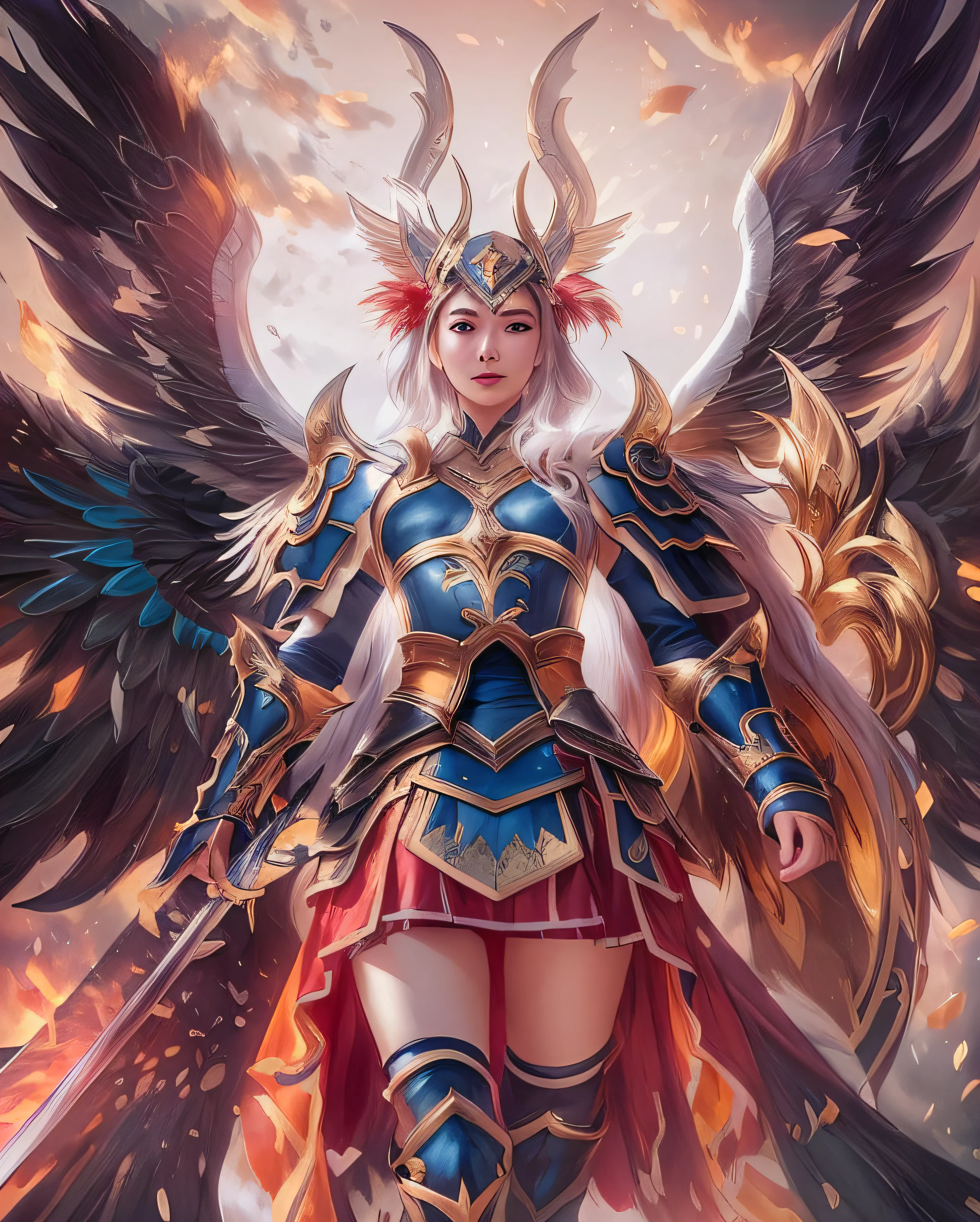 a close up of a woman in armor with wings and a sword, as a mystical valkyrie, ig model | artgerm, angel knight girl, extremely detailed artgerm, mystical valkyrie, by Yang J, ruan jia and artgerm, artgerm and ruan jia, chengwei pan on artstation, freya, mobile legend,