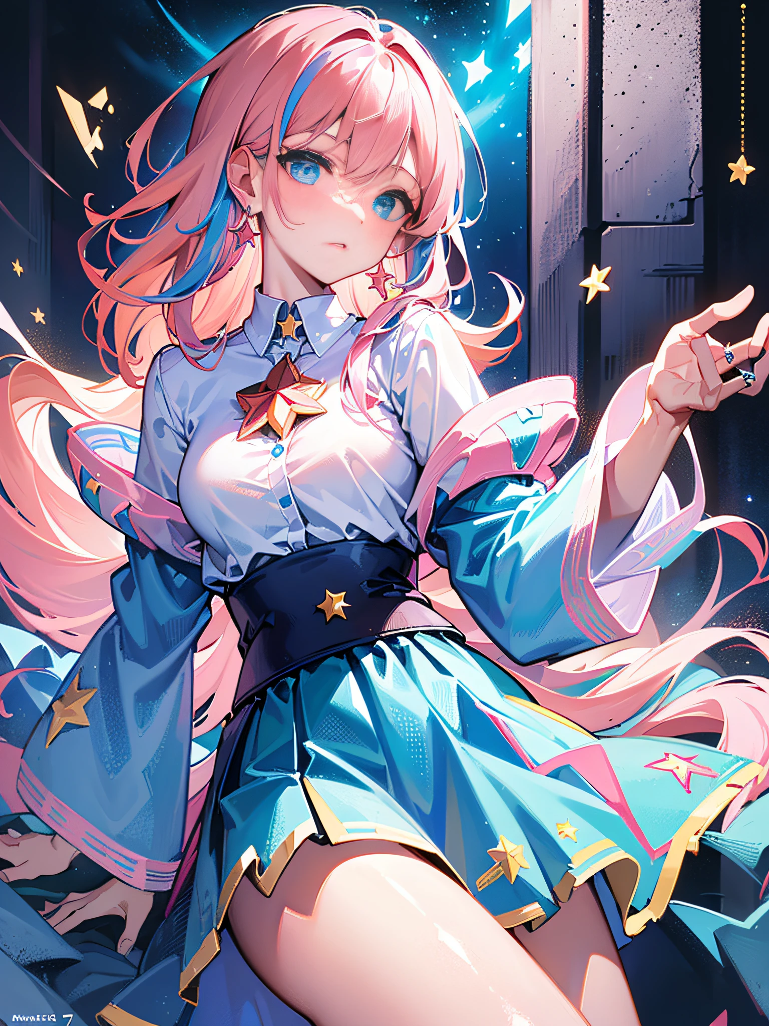 March 7 \ (this association: star track\), 1girl, blue eyes, blue dress, beautiful breast, super sleeves, earrings, ice, jewelry, ice sleeves, medium chest, medium hair, pink hair, shirt, skirt, solo, star \ (symbol\), star earrings, white shirt