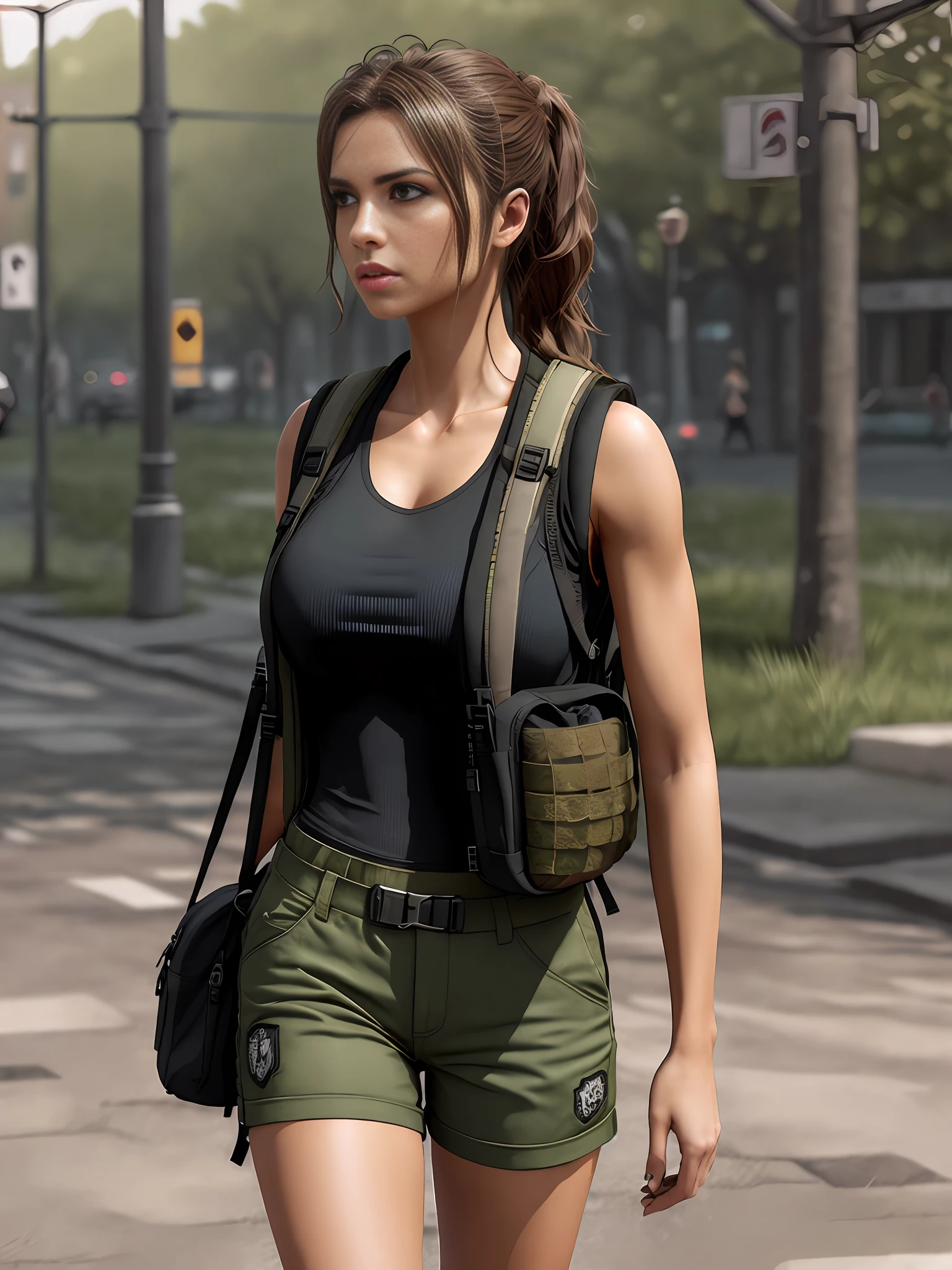 fit girl on the street in a fully packed tactical vest and backpack, epic realistic, photo, faded, complex stuff around, neutral colors, ((((hdr)))), ((((muted colors)))), intricate scene, artstation, intricate details, vignette, heavy military vest:1.2, military shorts, perfect anatomy, tactical vest:1.3, large tactical vest:1.3