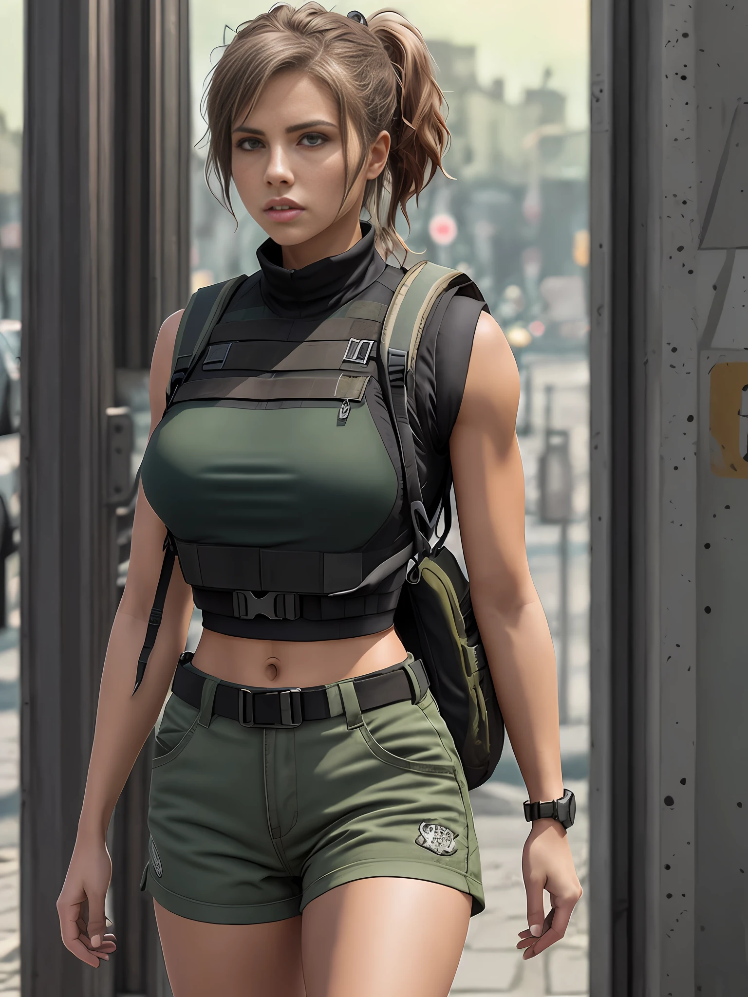 fit girl on the street in a fully packed tactical vest and backpack, epic realistic, photo, faded, complex stuff around, neutral colors, ((((hdr)))), ((((muted colors)))), intricate scene, artstation, intricate details, vignette, heavy military vest:1.2, military shorts, perfect anatomy, tactical vest:1.3, large tactical vest:1.3