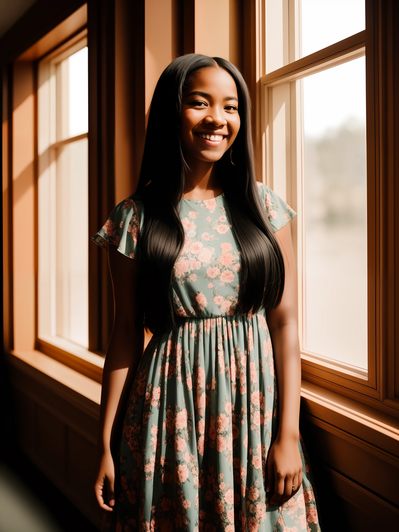 a portrait photo of young woman, floral sun dress, black woman, long hair, library, blurred background, smiling and looking at the camera, standing, sun rays, window lighting, hdr, antialiased, 8k, sharp details, (hdr:1.2), (muted colors:1.2), RAW photo, film grain, Fujifilm XT3
