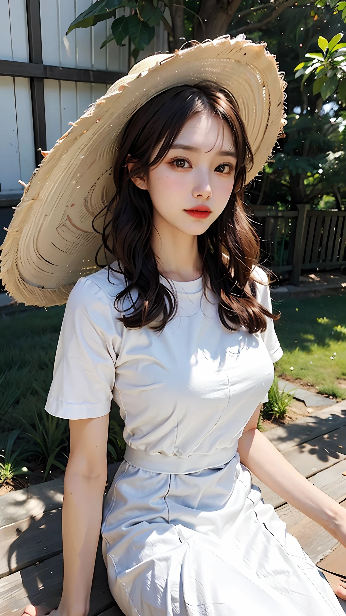 huge breasts, beautiful girl, high image quality, summer clothes, straw hat, parasol, clothes, dress like taken with a single lens reflex camera