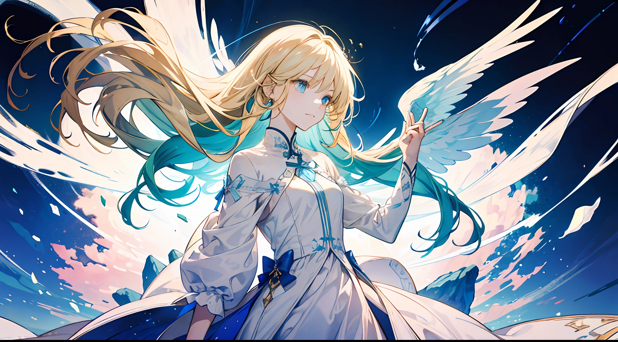 A little girl, beautiful, otherworldly, elegant, full body, long blonde hair, simple dress, white and blue dress, extreme details, magic, streamer surrounding, angel coming, magic formation, gods