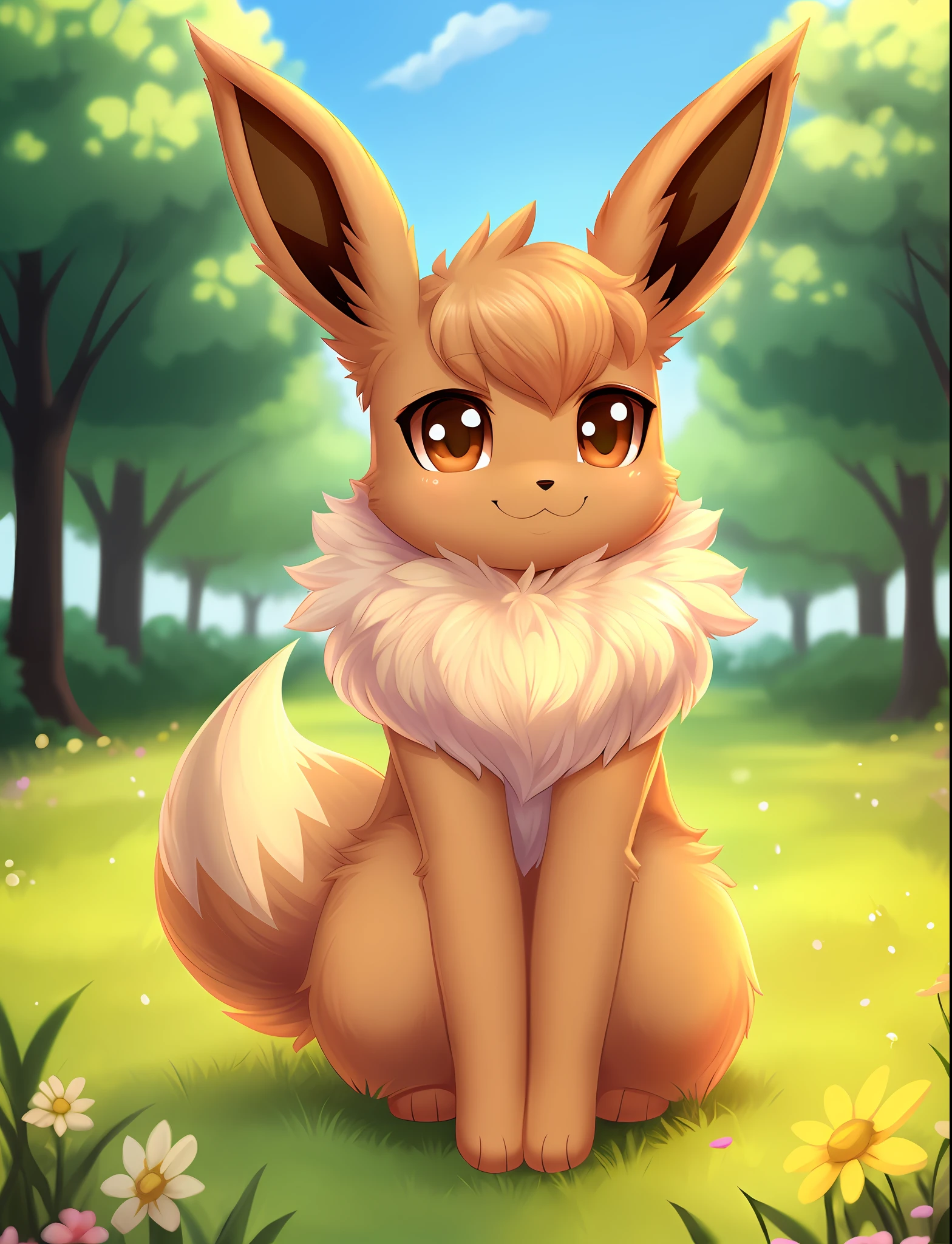 pokekid, eevee, fluffy girl, furry girl, female, smile, smiling, has a big pretty bow in her hair, has animal paws for hands, 1girl, best quality, outdoors, high definition, cute,