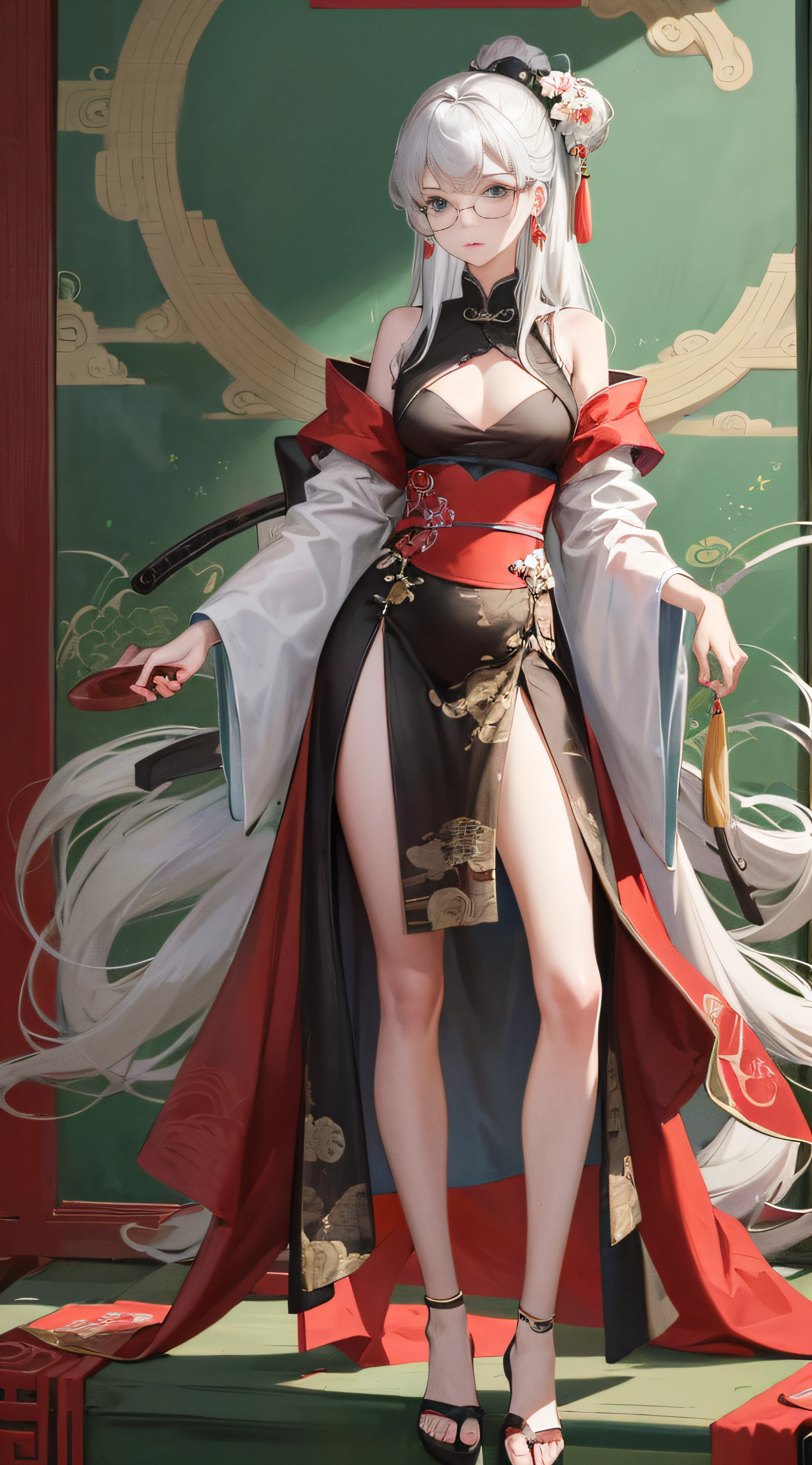Chinese style, ancient China, sister, royal sister, cold face, expressionless, silver-white long-haired woman, glasses, calm, intellectual, bare shoulders, exposed side breasts, fair long legs