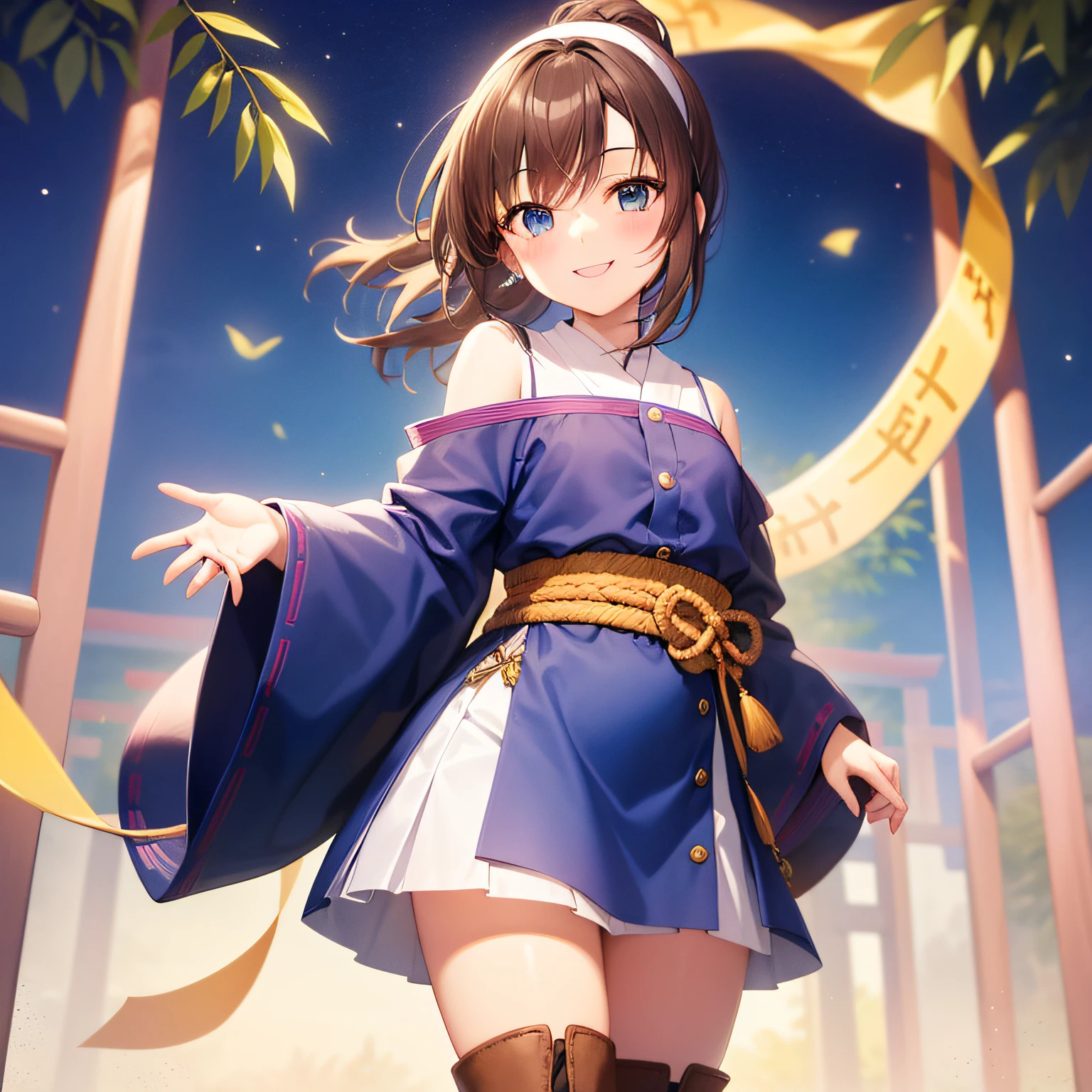 Top quality, very delicate and beautiful, girl, , (dark brown hair), blue clothes with vertical buttons, belt at the waist, white skirt, (ponytail)), (white hair band), (brown boots), blue eyes, standing, smiling, background is Japan garden and bamboo and tanabata
