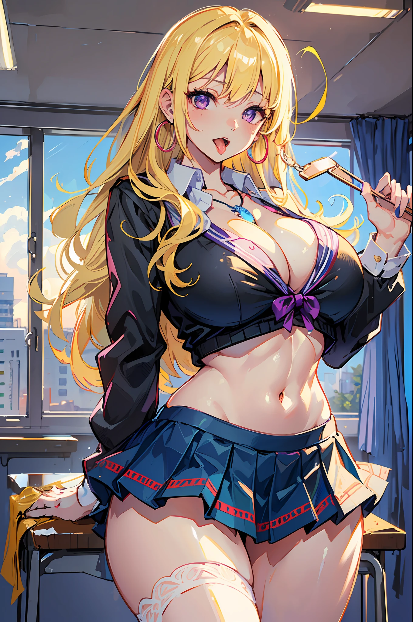 (highest quality), (masterpiece), (intricate high detailed body:1.2), gyaru, (oiled skin:1.1), 1girl, blonde hair, long hair, naughty face, (slim body:1.1), (gigantic breasts:1.3), (school uniform, skirt:1.1), hoop earrings, necklace, navel, purple eyes, open mouth, (tongue out:1.2), cowboy shot, classroom