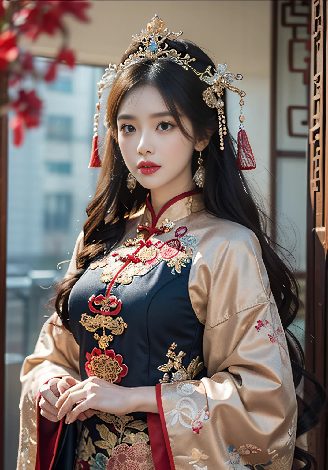 (Ultra-realistic 8k CG: 1.2), perfect artwork, delicate patterns, intricate details, (unparalleled masterpiece, best quality: 1.2), (extremely complex: 1.2), a woman in a sky blue and gold Chinese style long dress, phoenix crown, hair stick, blush, shyness, black_hair, (forehead point), curtains, earrings, hanfu, jewelry, red lips, tassels, (Red Palace: 1.2), (ancient Chinese architecture)