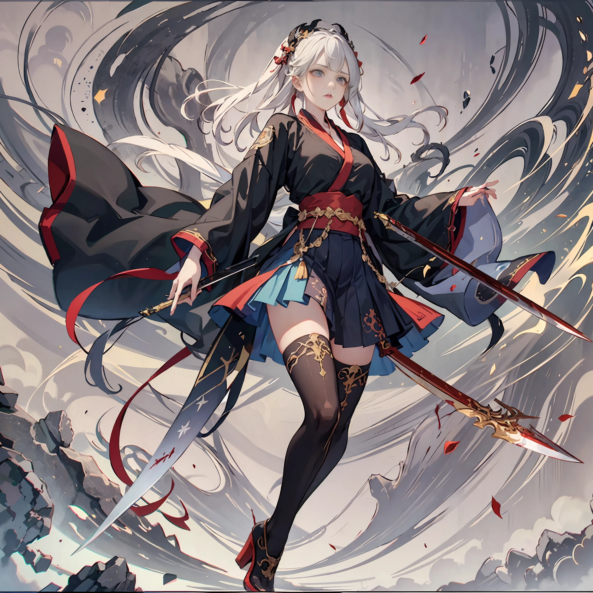frown, rape face, white hair, messy hair, kanzashi, bloodshot eyes, battle stance, sword in hand, surrealism, anime style, cubism, chiaroscuro, ray tracing, from side, high detail, realism, 8k, super detail, anatomically correct, super detail, super hd, masterpiece, hanfu, outdoor, dynamic view, full body portrait, skirt, tang knife, eyes full of detail,