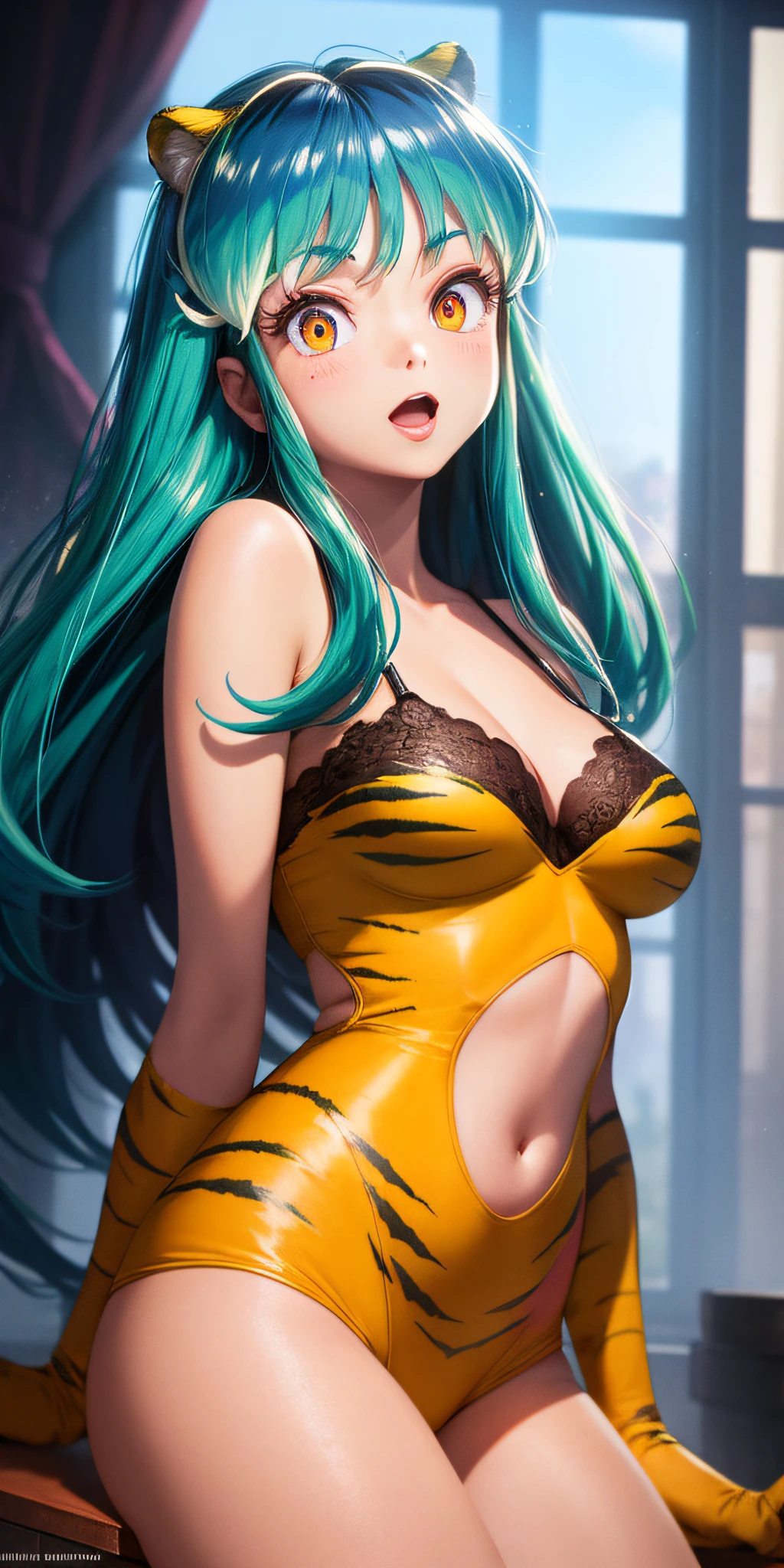 lum invader, detailed, realitsa, (tiger stripes: 1.2), (cat lingerie:.8), yellow clothes, neckline cutout, masterpiece, best quality, hires, open mouth, tusk, ultra-detailed, multicolored eyes, beautiful eyes, detailed face, beautiful girl, big chest, blushing