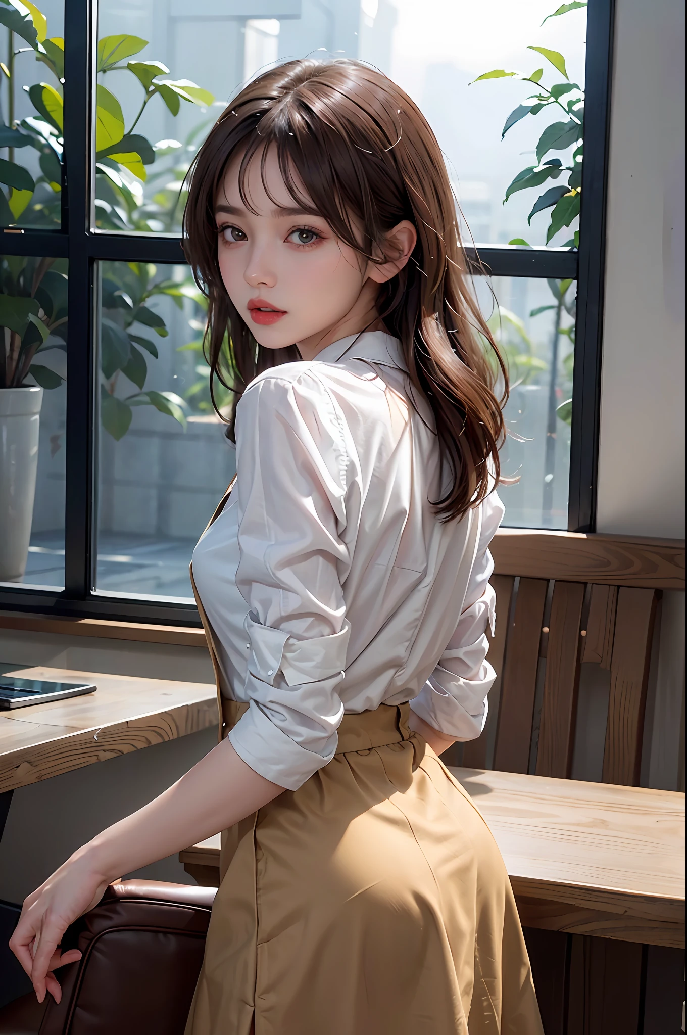 (Masterpiece: 1.3), (8k, Photorealistic, RAW Photo, Best Quality: 1.4), (1girl), Shallow depth of field, Face in focus, Soft Focus, Beautiful Face, (Backlit: 1.5), (Ambient: 1.3), (Realistic Face), (Black Hair, Medium Short: 1.3), Loose Wavy Hair, Short Bangs, Realistic Eyes, Dark brown eyes, highlights in pupils, beautiful detail eyes, (plenty of natural light), (realistic skin), beautiful skin, cardigan, (blouse with white collar), (flared skirt), (pumps), watch, small handbag, absurd, attractive, ultra high resolution, ultra realistic, high definition, golden ratio, detailed dining café background, computer on table, Holding a coffee tumbler in hand, the light from the back window is backlit, the light is pale skylight with natural light, and the natural light lighting from diagonally in front of the face