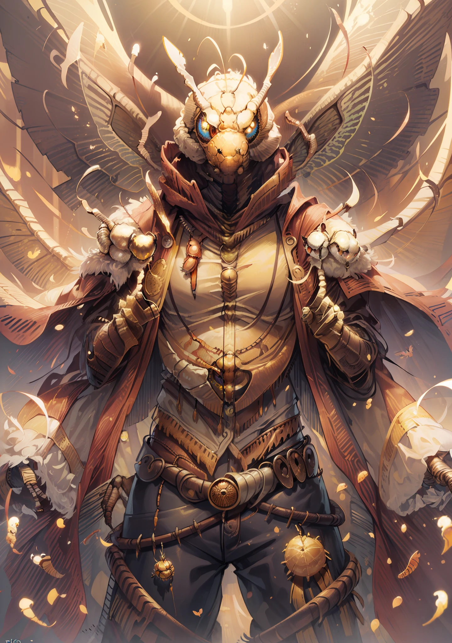 (1 anthro insect male silkworm:1.4), masterpiece, volumetric lighting, (extremely detailed CG:1.3), illustration,
chestnut fur, splitting, compound eyes, antenna, dusty wings, large wings, two wings, good hands, perfect hands, 4 arms, (Wild West Sheriff's Clothing:1.4), stern look,