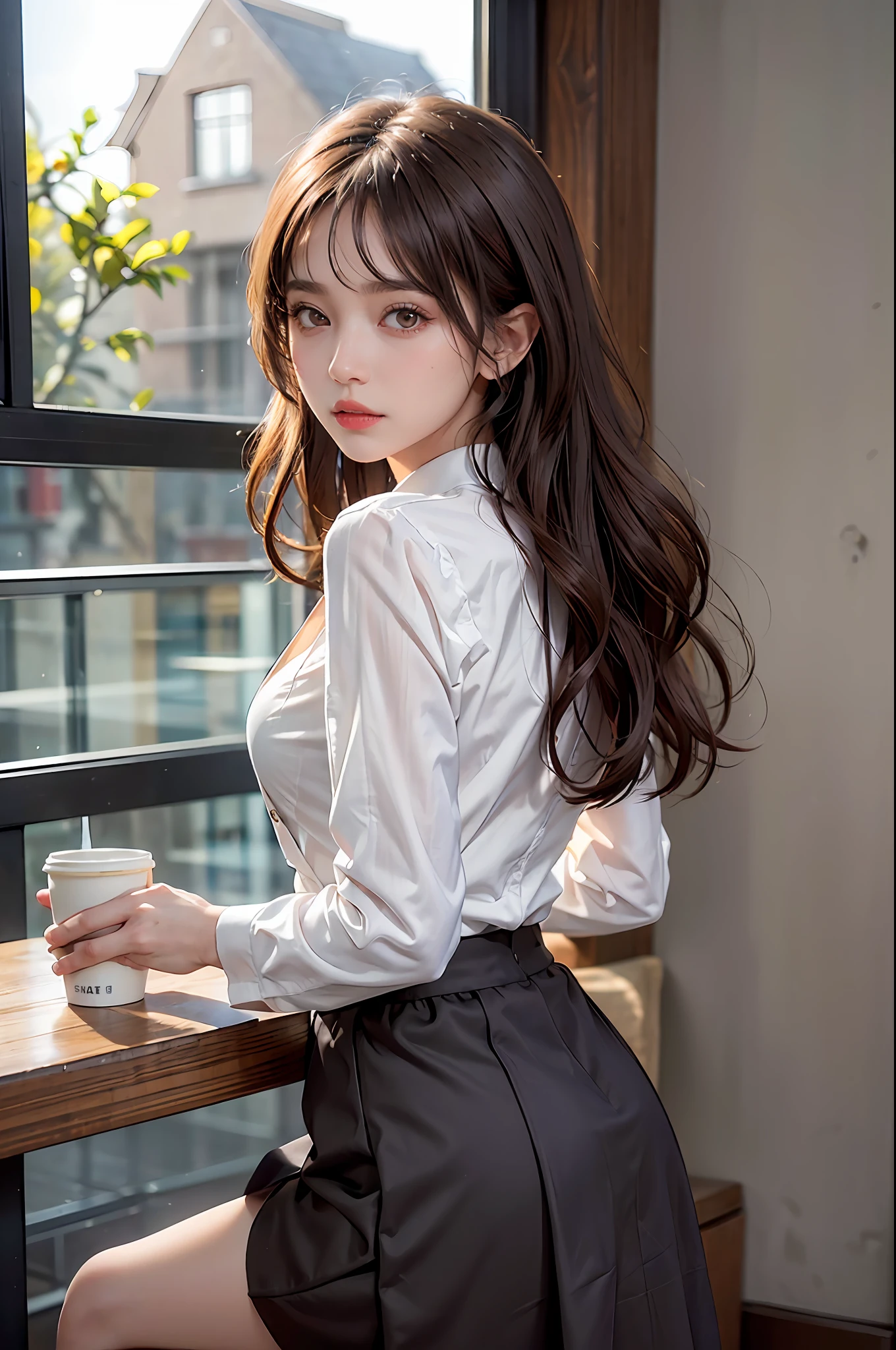 (Masterpiece: 1.3), (8k, Photorealistic, RAW Photo, Best Quality: 1.4), (1girl), Shallow depth of field, Face in focus, Soft Focus, Beautiful Face, (Backlit: 1.5), (Ambient: 1.3), (Realistic Face), (Black Hair, Medium Short: 1.3), Loose Wavy Hair, Short Bangs, Realistic Eyes, Dark brown eyes, highlights in pupils, beautiful detail eyes, (plenty of natural light), (realistic skin), beautiful skin, cardigan, (blouse with white collar), (flared skirt), (pumps), watch, small handbag, absurd, attractive, ultra high resolution, ultra realistic, high definition, golden ratio, detailed dining café background, computer on table, Holding a coffee tumbler in hand, the light from the back window is backlit, the light is pale skylight with natural light, and the natural light lighting from diagonally in front of the face