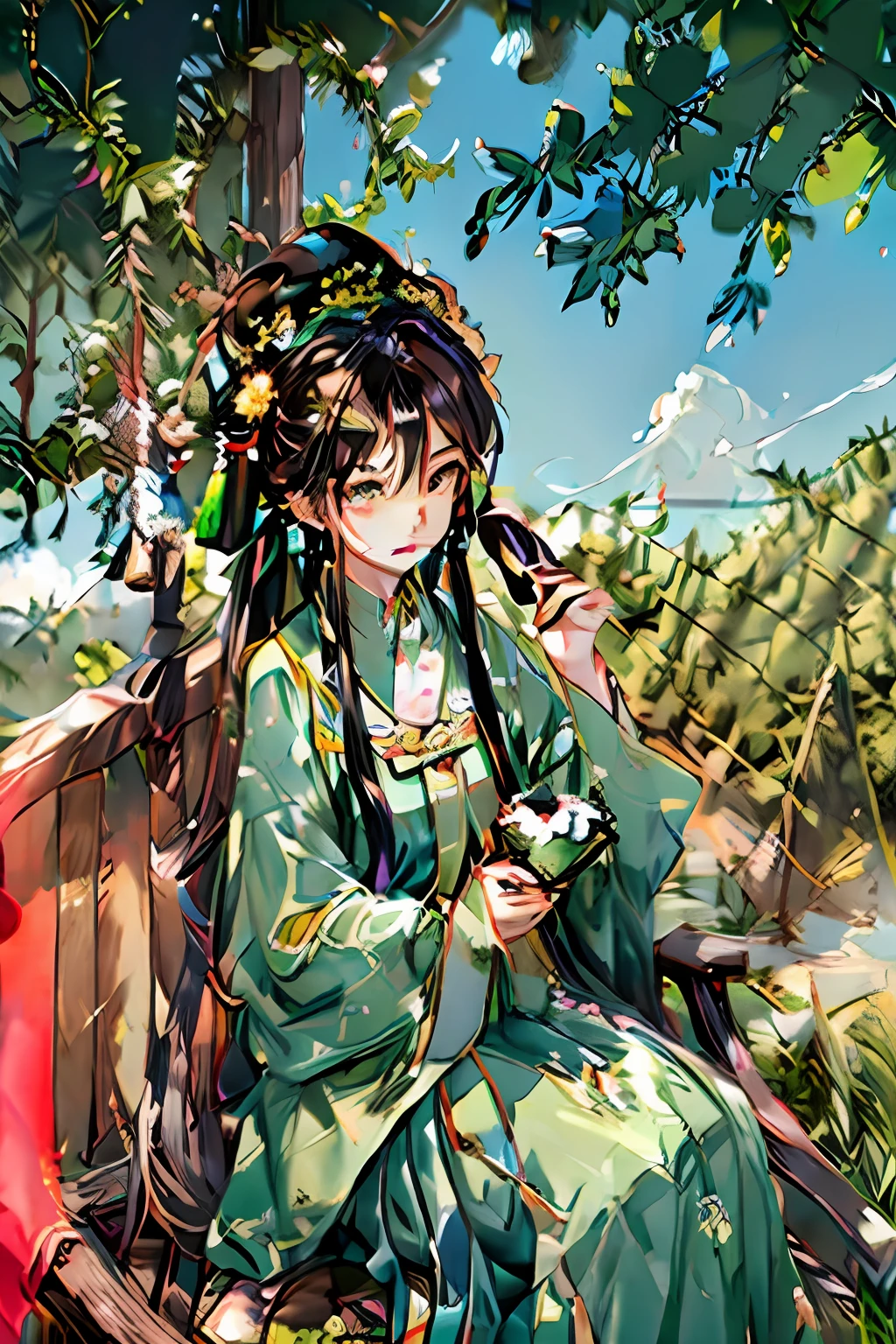 A black-and-yellow-haired girl wearing a jade pendant in a yellow dress sits on a wooden chair eating bamboo ice cream on the table, with the blue sky, white clouds, green trees and ancient Chinese architecture behind her